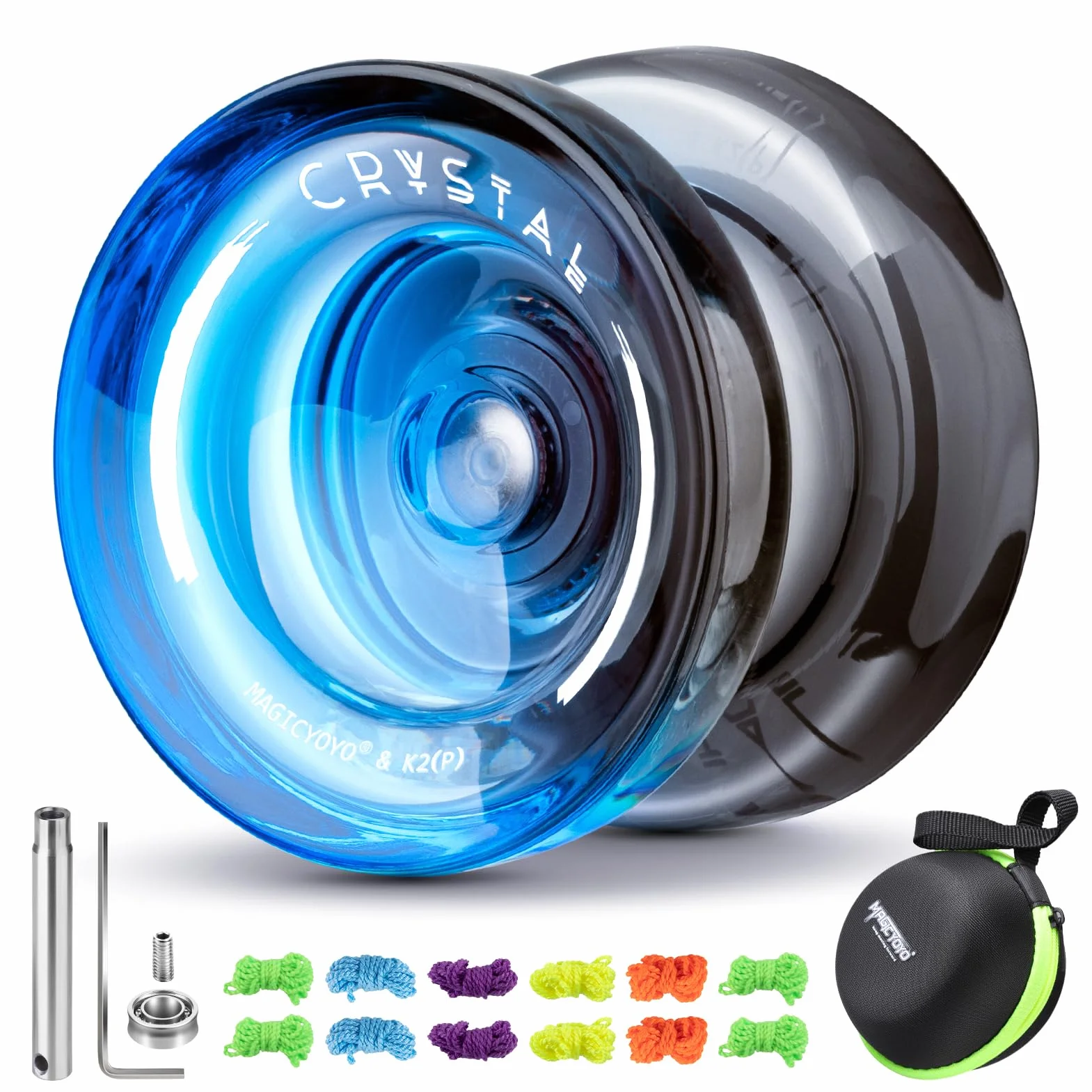 MAGICYOYO Yoyo reattivo per bambini K2 Crystal Black Blue, 2 in 1 - Yo Yo Yo reattivo e non responsivo, Yoyo trucco con rotazione delle dita con cuscinetto non responsivo, 12 corde, borsa Yo-Yo