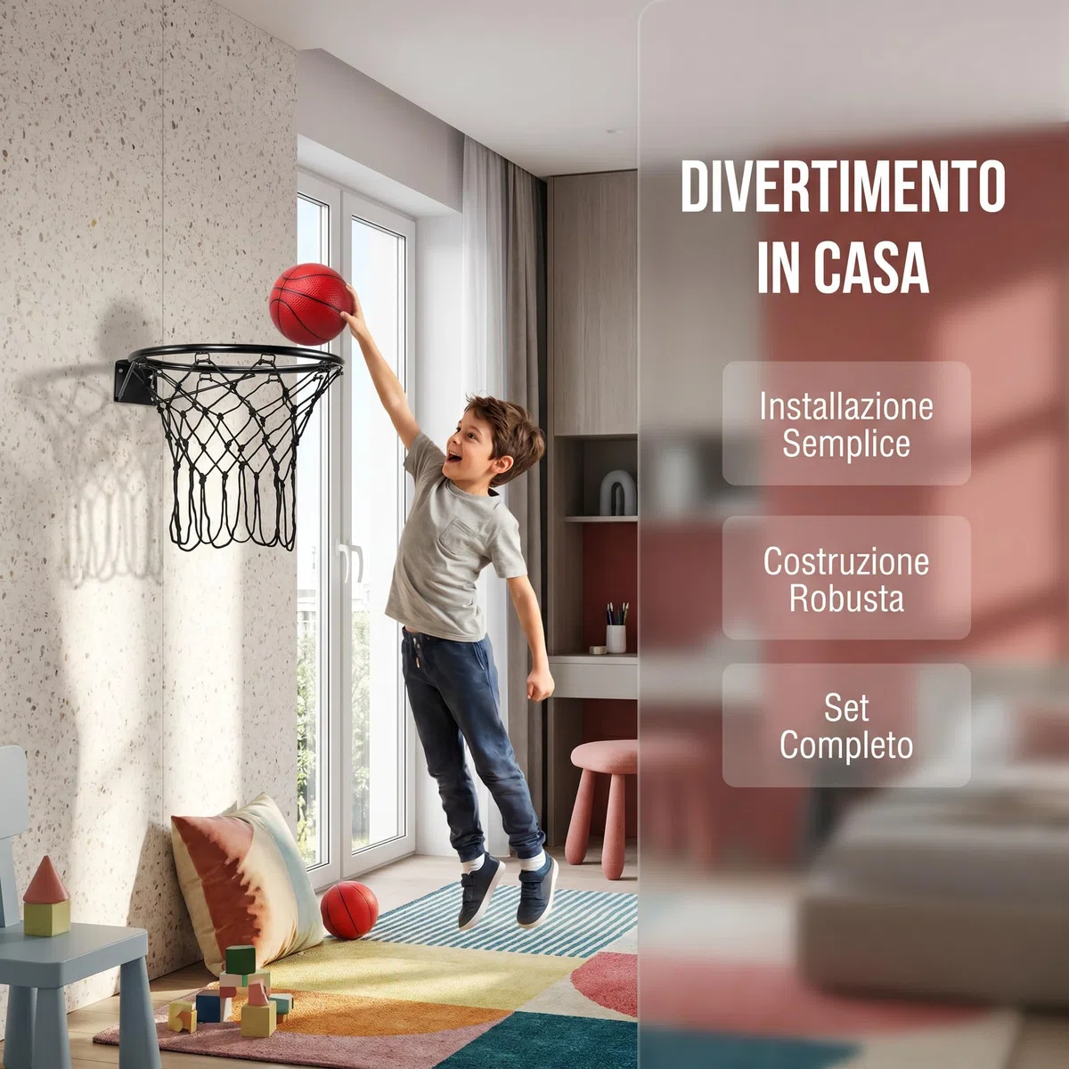 Qianly Canestro Basket con Supporto a Muro, Set Pallacanestro Giocattolo Palla Rete Ferro Robusta, Facile da Installare, Adatto per Bambini Cameretta Palestr, 32 Cm