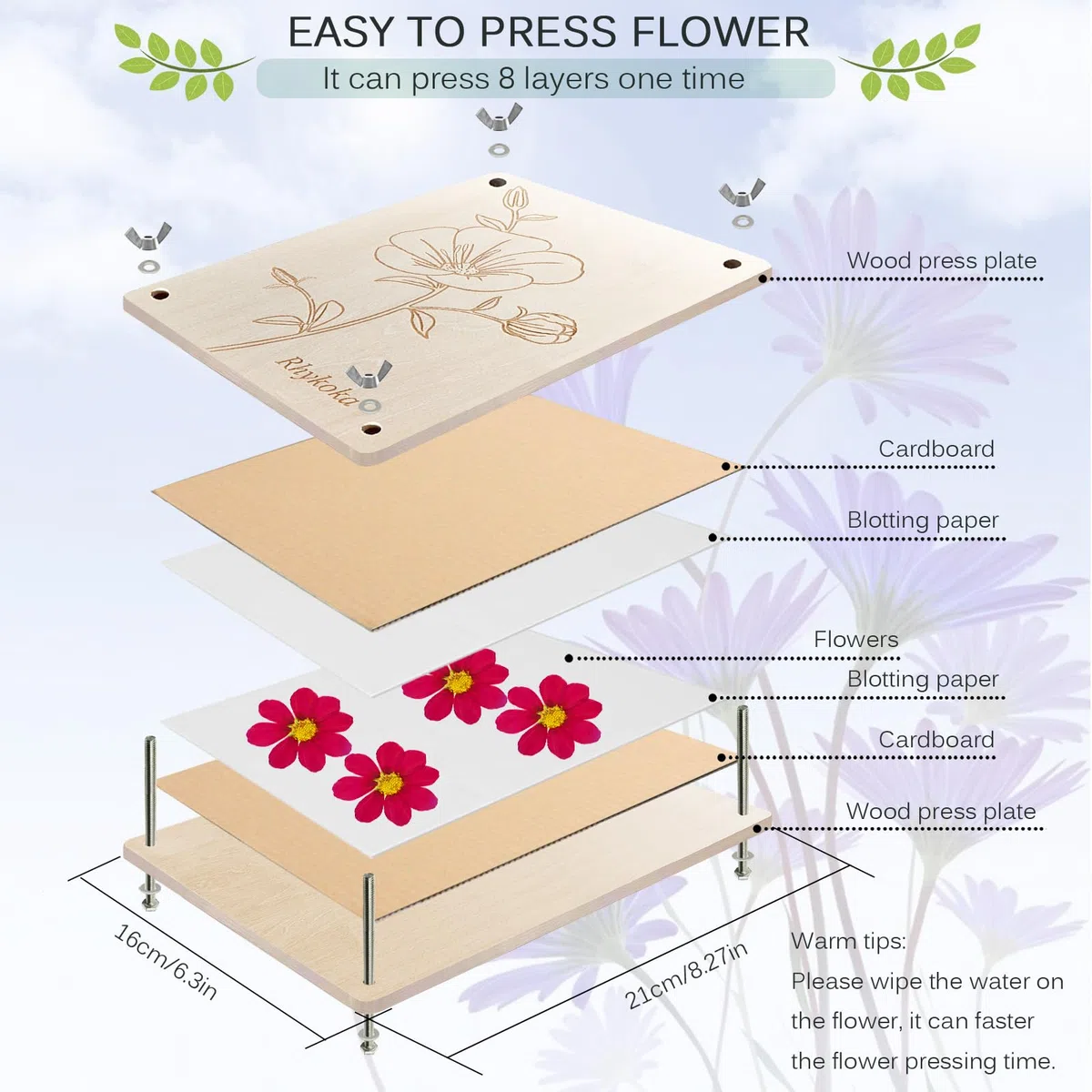 Set di pressa per fiori professionale a 8 strati, 16 x 21 cm, set di pressa in legno per bambini e adulti, istruzioni chiare incluse (lingua italiana non garantita), bel regalo per