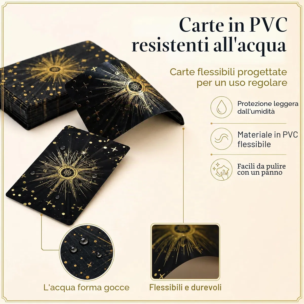 Mazzo di Tarocchi Inglesi Waite in Lamina d'Oro Nero, 78 Carte Gold Foil in PVC Impermeabile con Guida da 36 Pagine, Design Misterioso Rider Waite