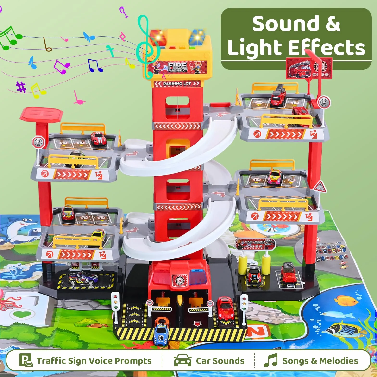 Set da gioco per parcheggio a 5 piani, per bambini dai 3 anni in su, con ascensore incluso, grande parcheggio giocattolo con 12 auto e 1 aereo, come regalo per bambini dai 3 anni, rosso
