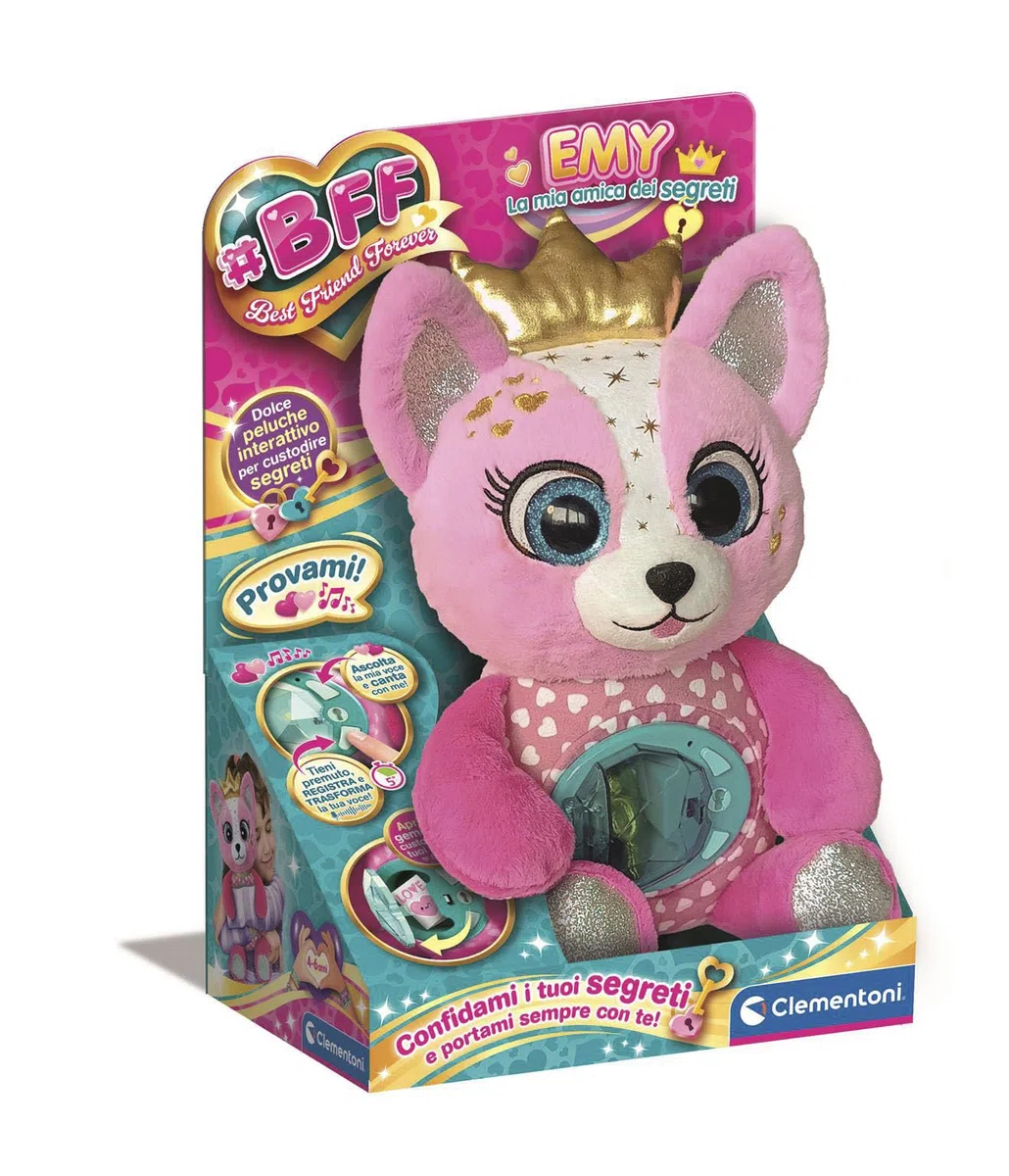 Clementoni - BFF Emy - La Mia Amica dei Segreti, Peluche Interattivo con Modulo Elettronico e Effetti Luminosi, Gioco per Bambini 4-6 Anni per Registrare Messaggi e Nascondere Tesori, 16680