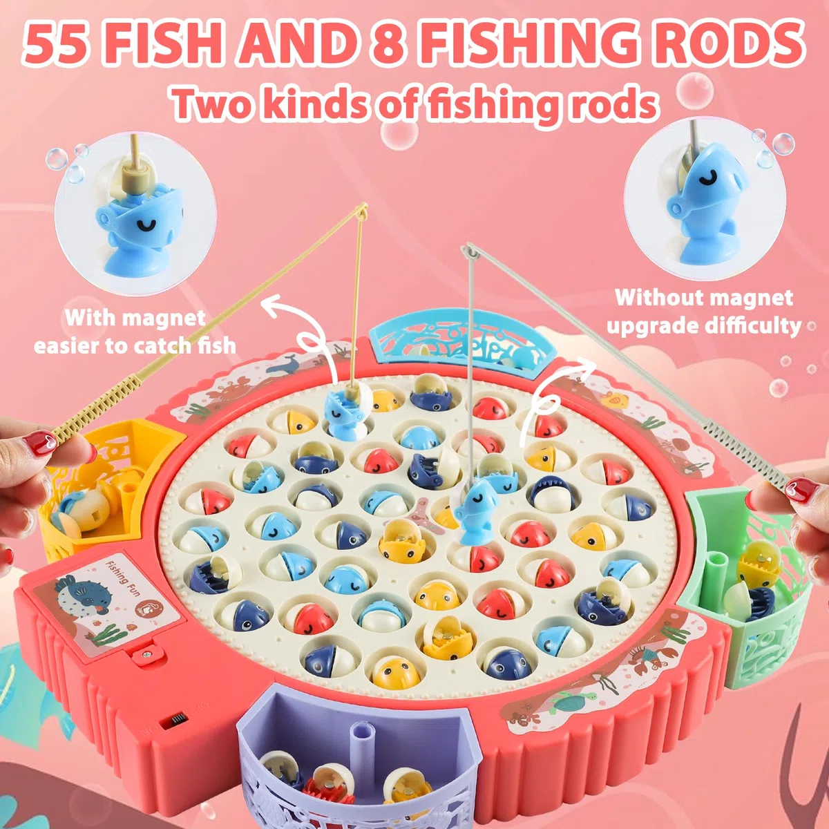 Gioco Musicale di Pesca, Gioco di Pesca Originale con 55 Pesciolini e 8 Canna da Pesca, Gioco di Pesca Magnetica Giocattolo Educativo e Stimolante, Regali di Compleanno per Bambine 3-6 Anni