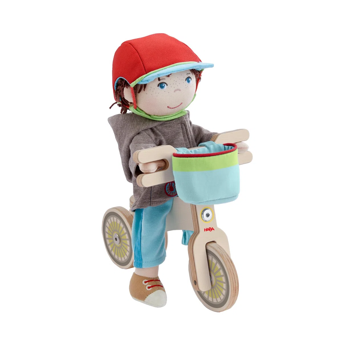 HABA Lian 2011905001 - Bicicletta da corsa in legno con bambola Lian, casco da bicicletta e cestino per bicicletta, bicicletta con doppia ruota per una posizione sicura