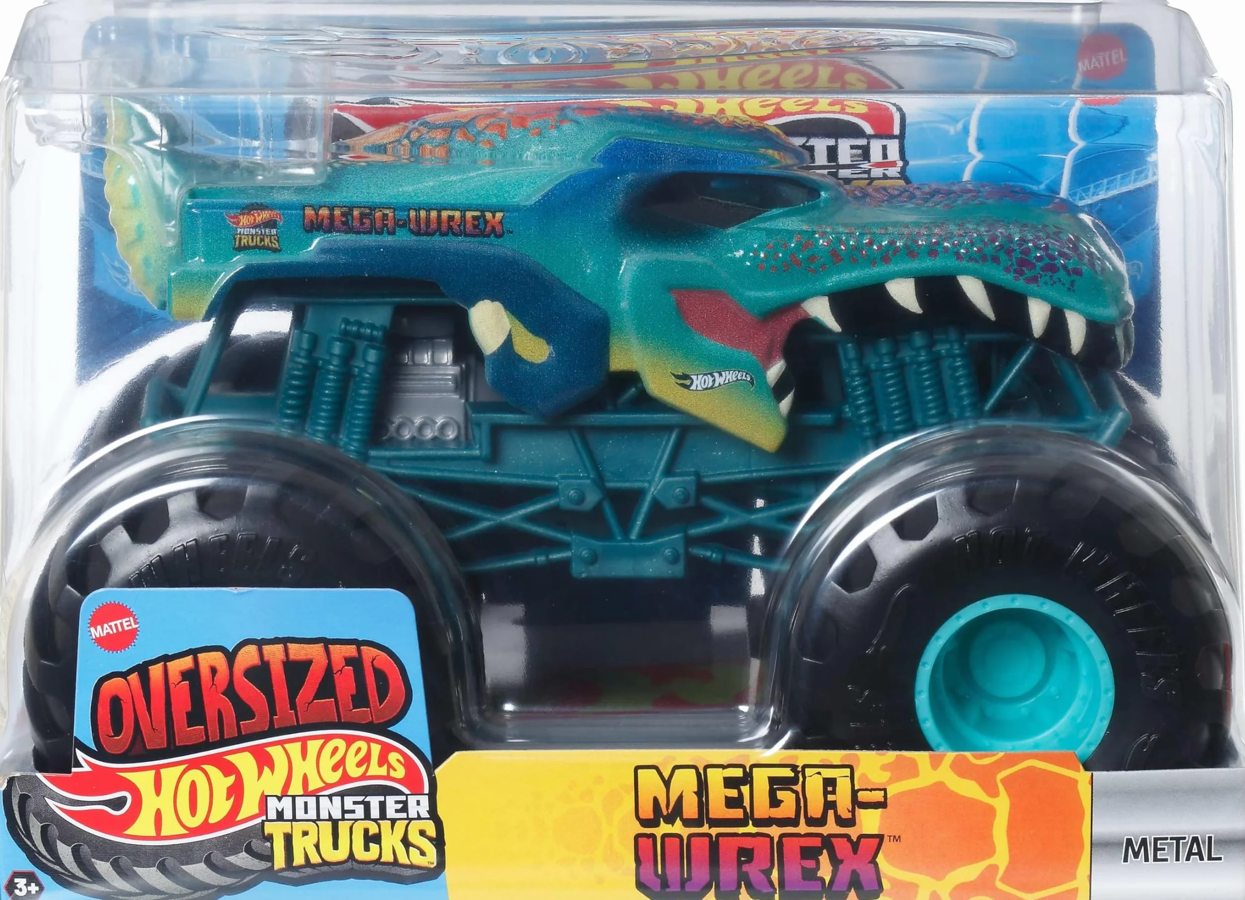 Hot Wheels Monster Trucks - Mega-Wrex Oversize, Veicolo in Scala 1:24 con Ruote giganti e carrozzeria in Metallo, Perfetto per Le acrobazie, Giocattolo per Bambini, 3+ Anni, JDR03