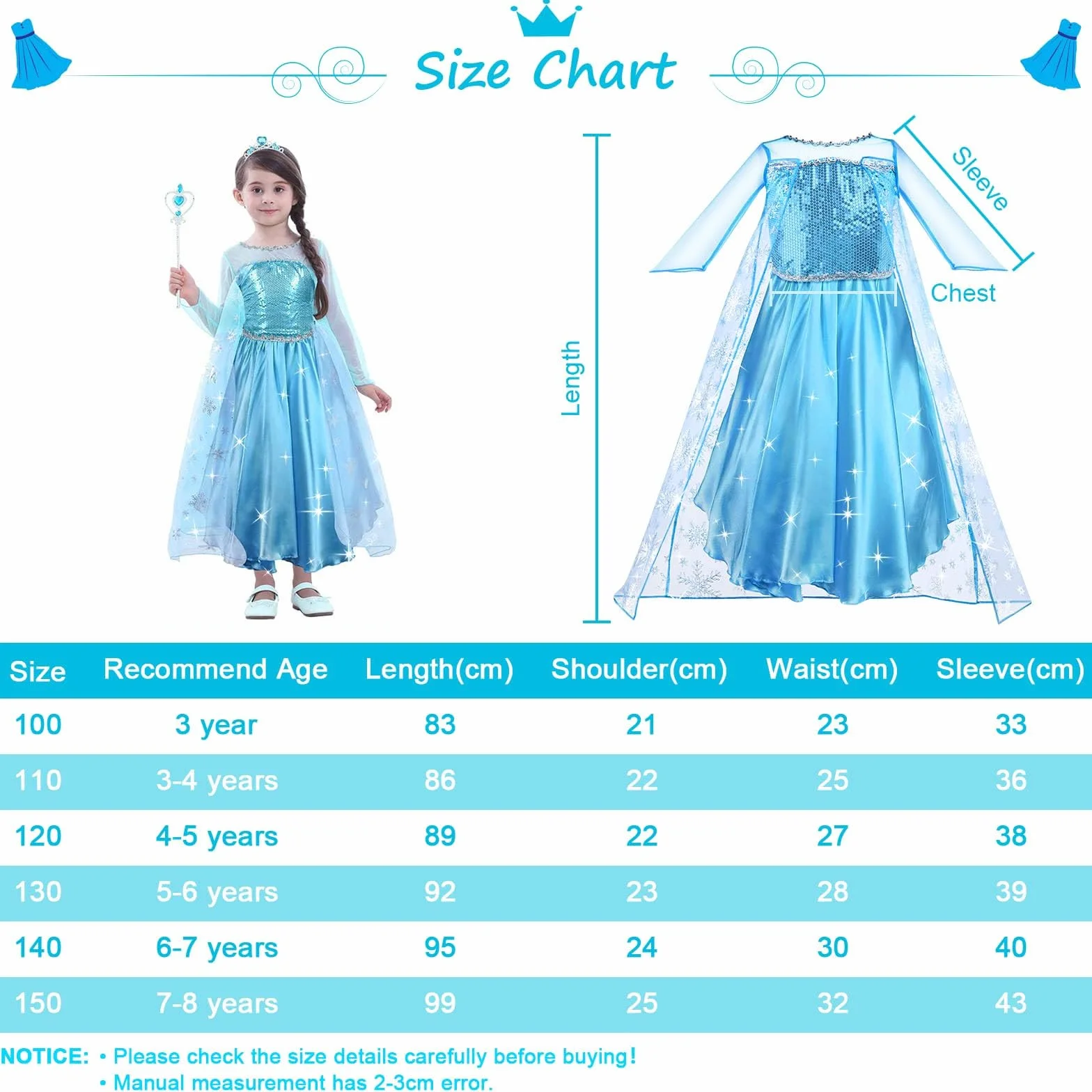 URAQT Vestito Set, Costume Vestito Bambina Principessa, Set da Principessa Corona Bacchetta Guanti Treccia, Cosplay Party Halloween Abito delle Ragazze di Natale Vestito Fantasia(100-150)