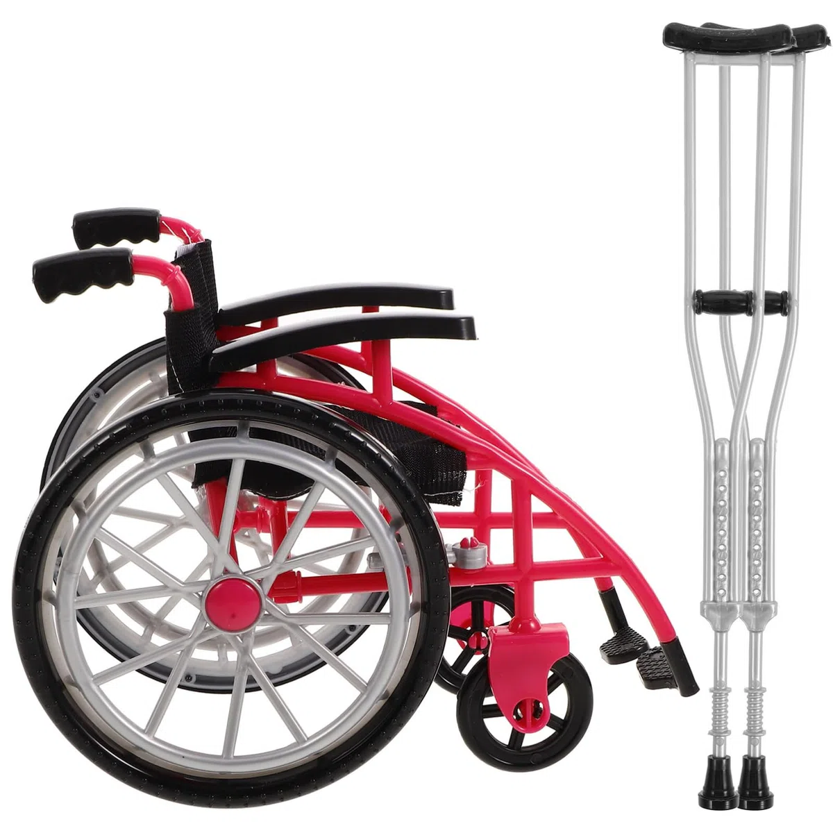 TOYANDONA 1 set di sedie a rotelle e stampelle set da gioco rosso mini sedia a rotelle ornamenti in miniatura per bambini giocattolo di ruolo