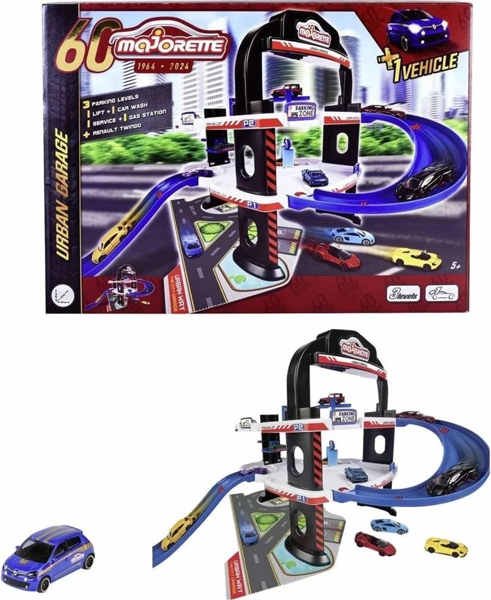 Majorette - Urban Garage 60 Years Anniversary, 212059982, +3 ANNI, 3 piani, con ascensore, un veicolo incluso