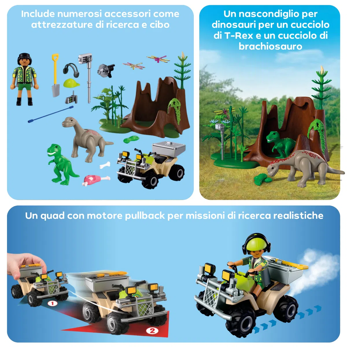 PLAYMOBIL | Dinos | Dinosauri Hideout | Dino Explorer con Quad, Baby T-Rex e Baby Brachiosaurus | Giocattolo per bambini dai 4 anni in su | 72069