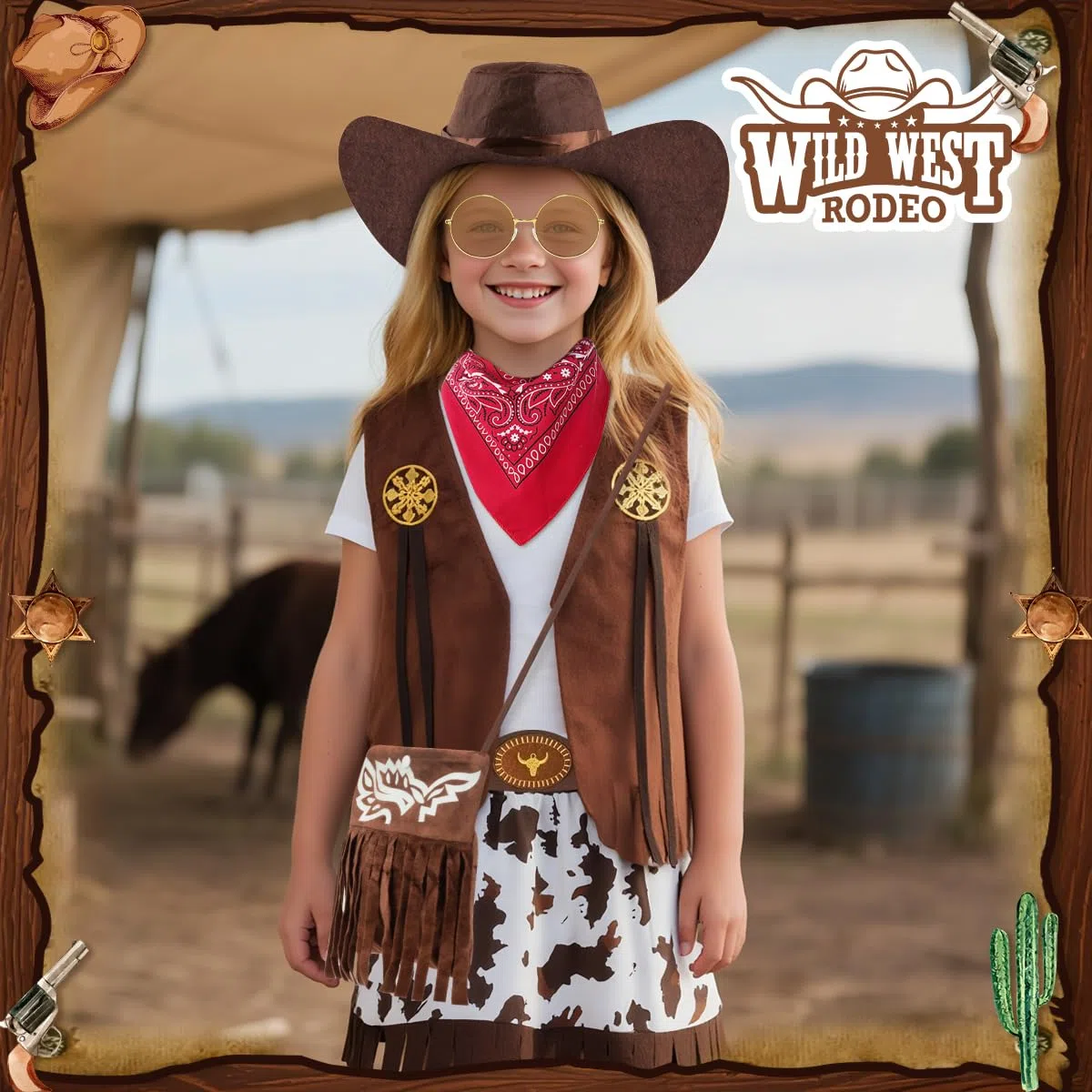 Cowgirl Costume Bambina, Western Vestito Cowgirl Bambina con Gilet, Cappello, Bandana Rossa, Costume da Cowgirl per Halloween Carnevale Cosplay Festa