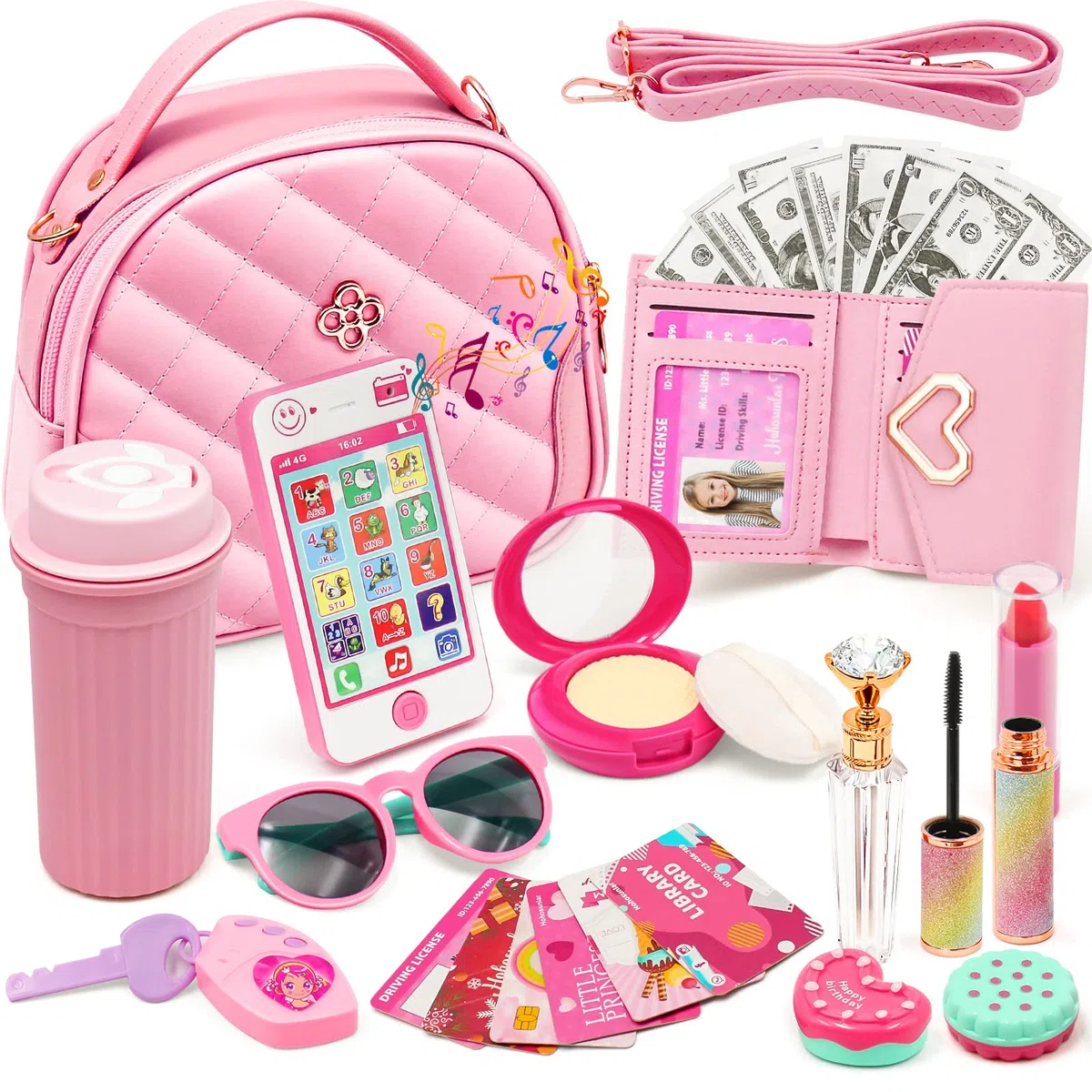Borsetta per Bambina con Accessori Giocattolo, Trucchi Bambina, Telefono Giocattolo con Luce e Suono Portafoglio Carta di Credito Bottiglia d'acqua, Regali di Compleanno di Natale per Ragazze 3+ Anni