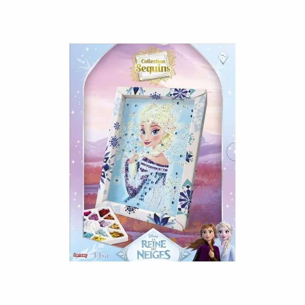 Lansay - COLLECTION SEQUINS - Elsa La Regina delle Nevi - Kit Mosaico con Paillettes per Bambini dai 7 Anni - Quadro Scintillante con Cornice, Paillettes e Spilli - Idea Regalo Creativa Disney