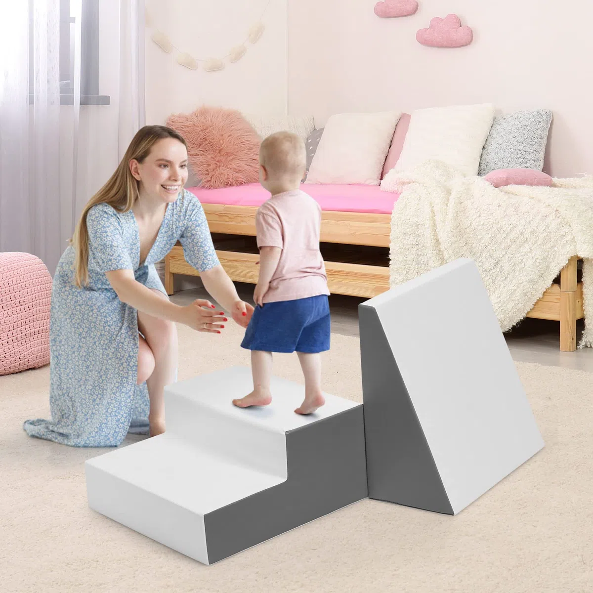 RELAX4LIFE Set di 2 Blocchi in Schiuma per Bambini, Scaletta e Trapezio da Assemblare e per Arrampicarsi, Centro Attività Componibile per Bambini (Bianco)
