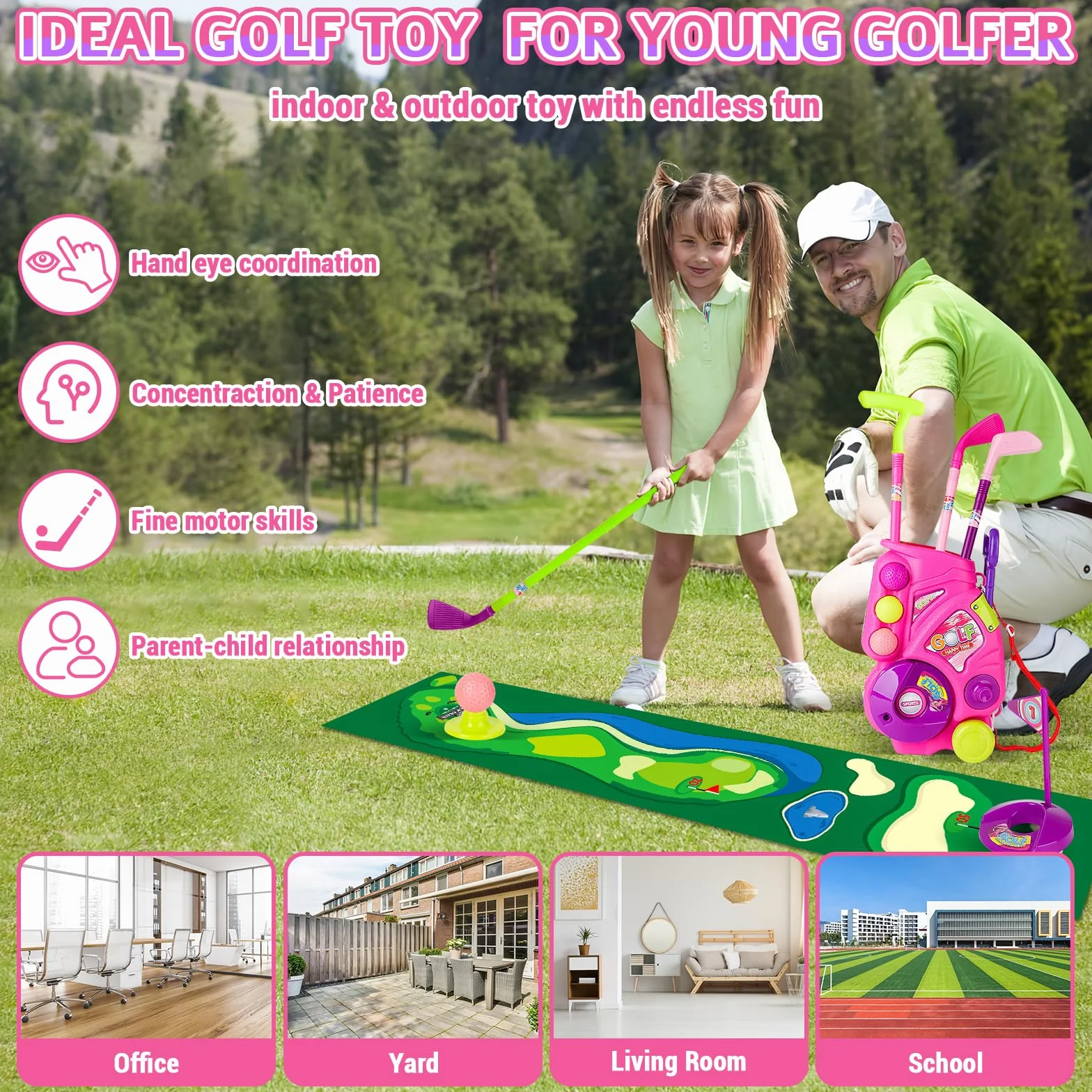 deAO Golf Set Giocattoli per Bambini, Tappetino da Golf, 4 Putter da 60CM, 6 Palline da Golf, Giocattoli per Bambini, Giocattoli da Interno Esterno Regali di Compleanno per Ragazzi Ragazze