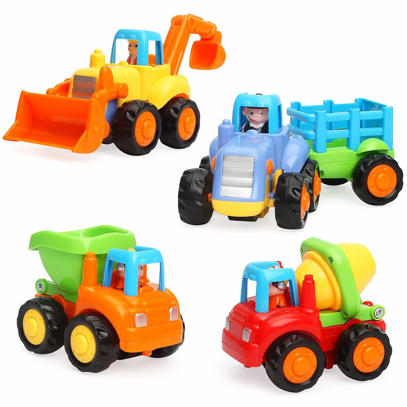 TINOTEEN Auto Giocattoli,Macchinine per Bambino 1 2 3 Anni Spingi e Vai Veicoli Giochi Set di 4 Trattore,Bulldozer, Camion Betoniera, Dumper
