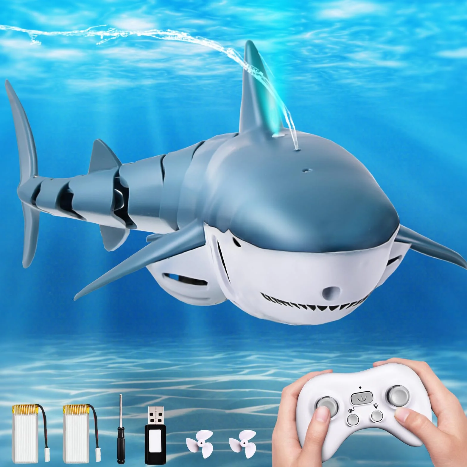 YOOHBERRYS Squalo Telecomandato, 2.4GHz Squalo Giocattolo, Barca Squalo RC con Luci e Getti d'acqua, Giocattolo da Piscina Regalo per 6+ Anni Ragazzo Ragazza (Illuminazione e Spruzzatura dell'acqua)