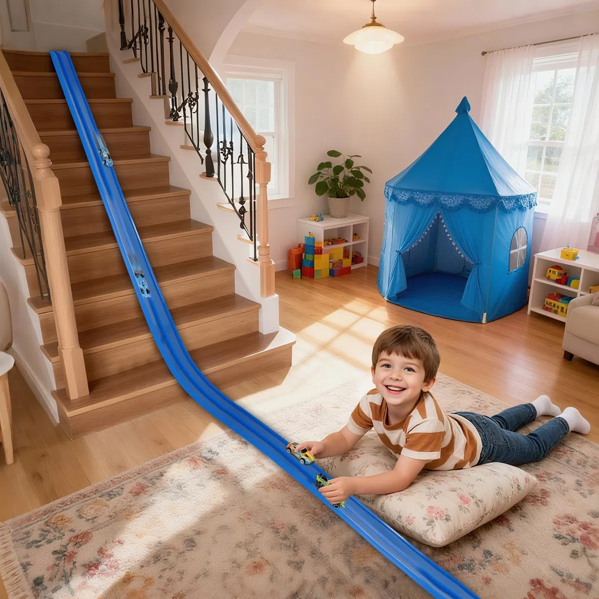 Pista Macchinine (4.5 m), Pista Macchine Flessibile, Piste Macchinine per Bambini 3 4 5 6 7 Anni, Car Track, 4 Auto In Lega Borsa Portaoggetti Regalo per Bambino e Bambine, Blu