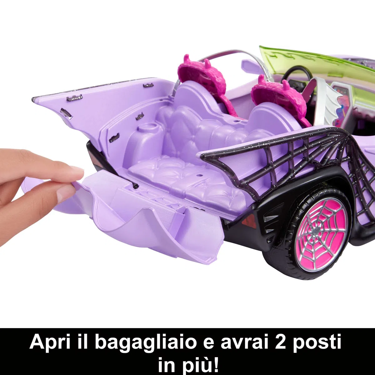 Monster High - Mostromobile, macchina giocattolo con animale, accessorio e ghiacciaia portatile, cabrio viola con dettagli a ragnatela, Giocattolo per Bambini 4+ Anni, HHK63
