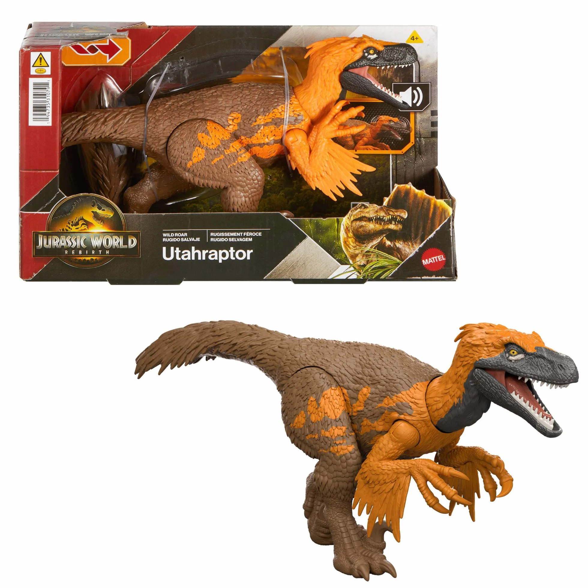 Mattel Jurassic World La Rinascita Utahraptor Ruggito Selvaggio, dinosauro giocattolo con attacco multidirezionale azionato con la coda e suoni, snodato, gioco digitale, JGC80