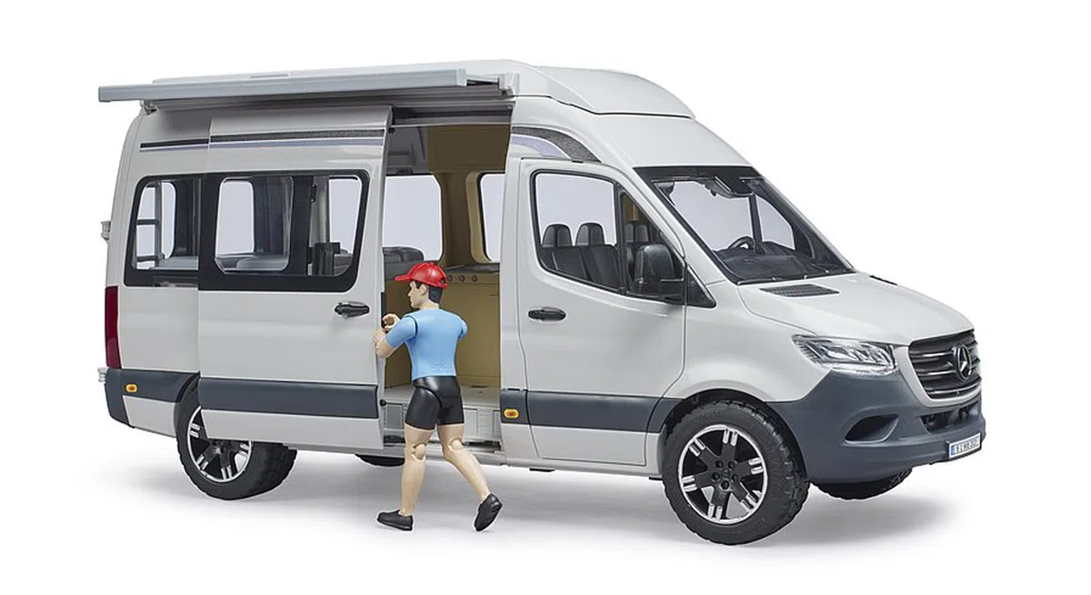 bruder 02672 - Camper Mercedes Benz Sprinter con Autista, Set Giocattolo da Campeggio con Tavolo e stoviglie