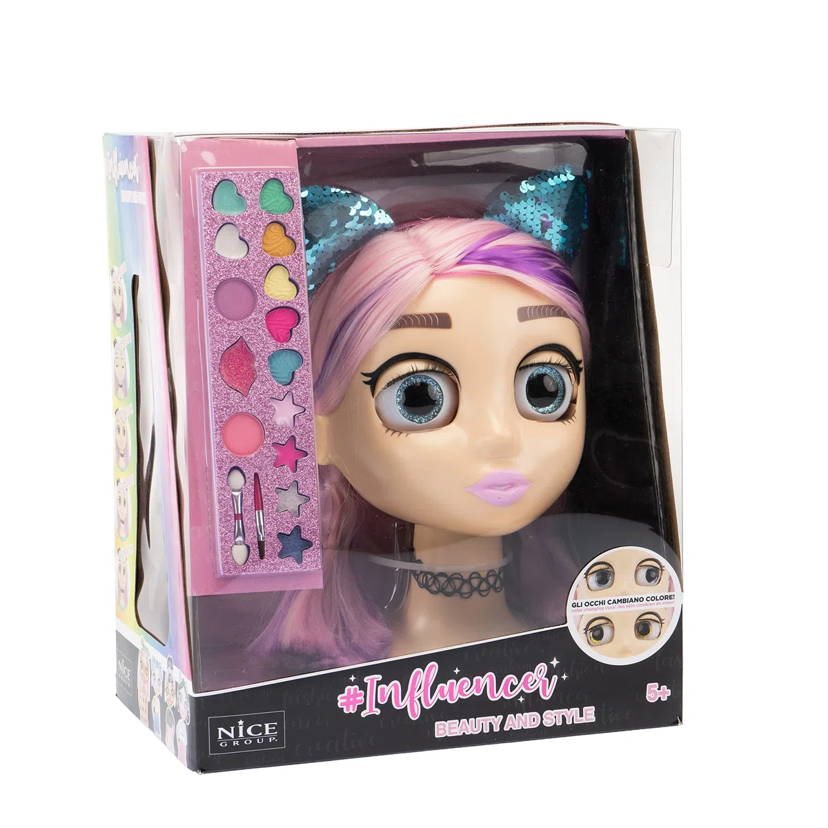 Nice Group - Influencer Make Up Doll, Testa da Truccare e Pettinare con Occhi cambia Colore per Bambine
