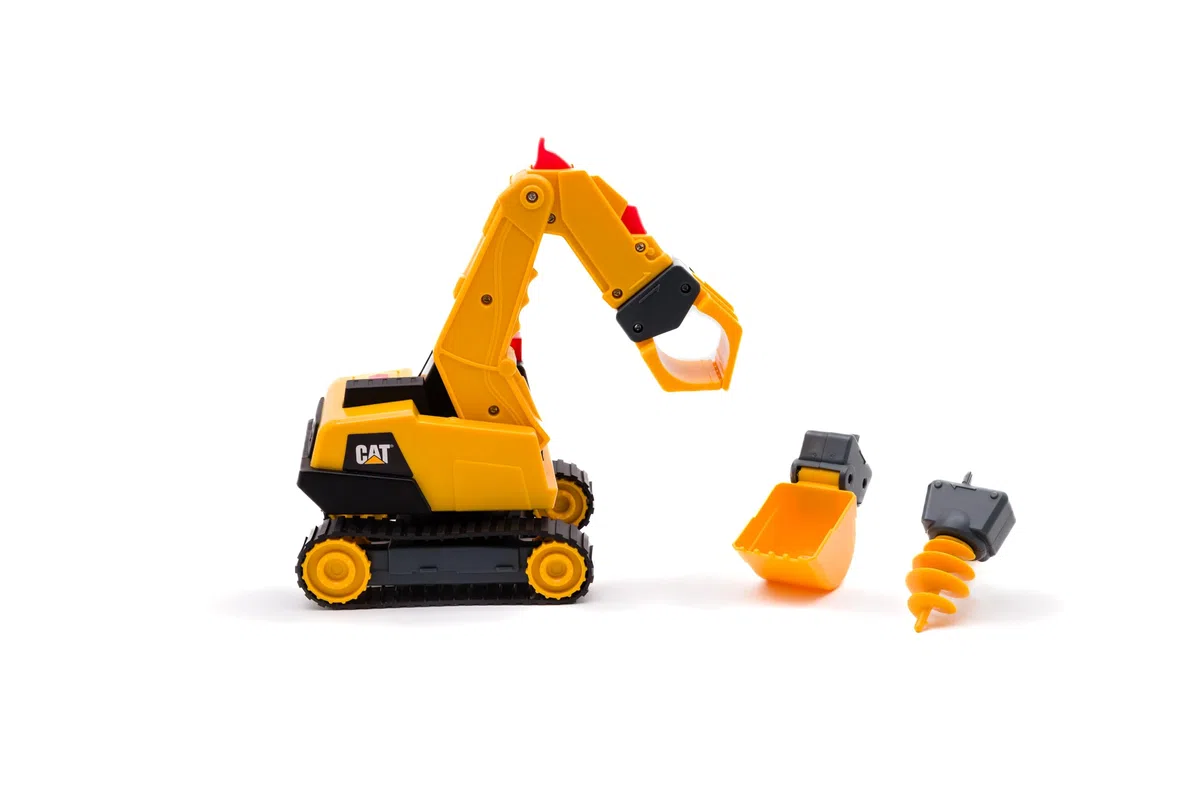 CATtoysOfficial | Excavadora Power Switch Crew | Giocattolo da Costruzione per Bambini con Tre Teste di Attrezzi Intercambiabili, Suoni Idraulici Realistici, Luci, Braccio di Escavazione Mobile