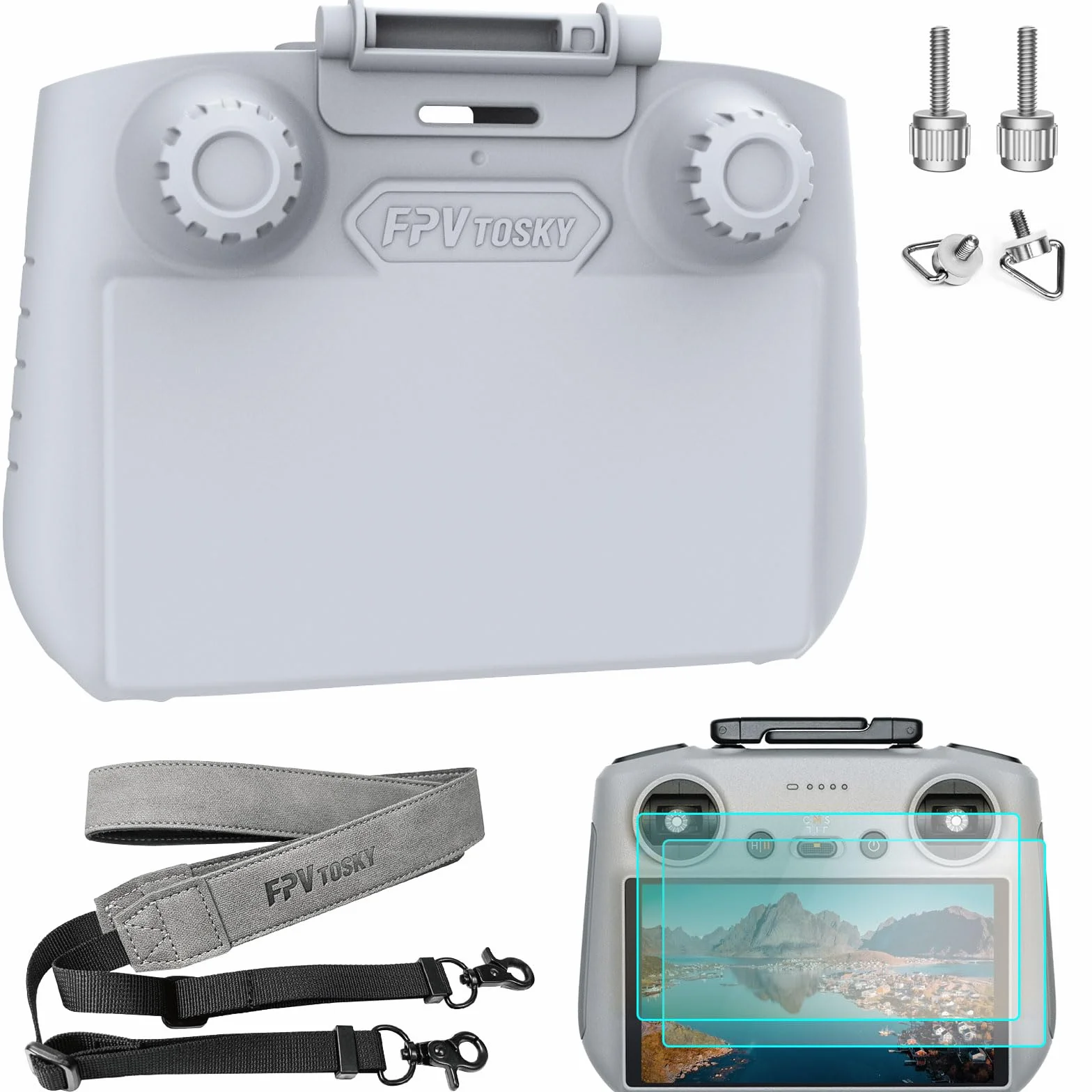 FPVtosky Lito X1/Mini 5/4 Pro RC-2 Paraluce + 2 protezioni per lo schermo + set di cordicelle - 3 in 1 Supporto per telecomando RC 2 controller drone per DJI Avata 360/Air 3 Accessori