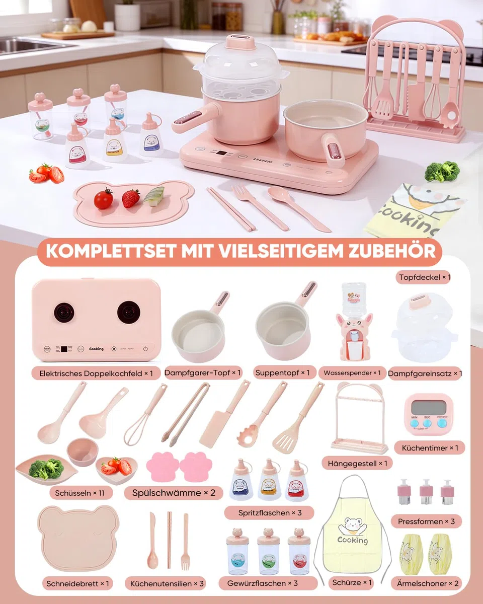 BICRET Set da cucina elettrica per bambini con doppio fuoco, accessori completi, include utensili da cucina e coltello da chef sicuro, per bambini dagli 8 ai 12 anni (rosa)
