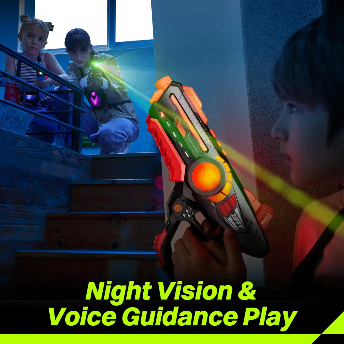 ZIFFY Set di 4 pistole laser tag con gilet, laser tag multifunzione per interni ed esterni, giochi di famiglia, regalo di Natale e compleanno, attività di gruppo, età 8+ (nero)
