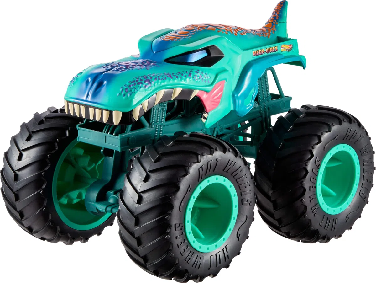Hot Wheels Monster Trucks - Mega-Wrex Colossale, veicolo con ruote giganti e grafiche dai dettagli brillanti, ispirato al personaggio della serie Monster Trucks Live, 4+ anni, JJN47
