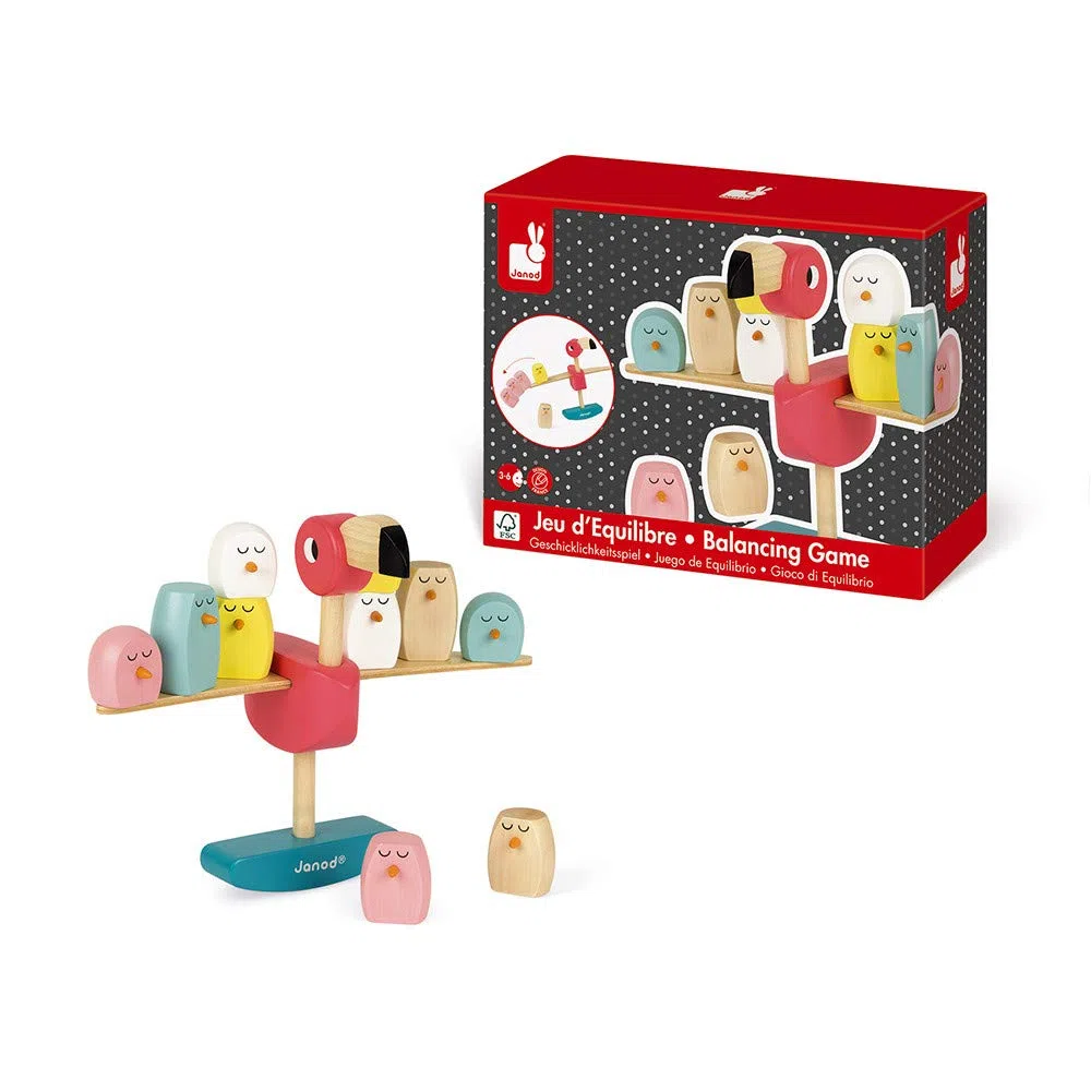 Janod - Gioco di Equilibrio Fenicottero Rosa Zigolos (Legno), Gioco di manipolazione, trattato con Vernici ad Acqua, per Bambini dai 3 Anni in su, J08230, Multicolore