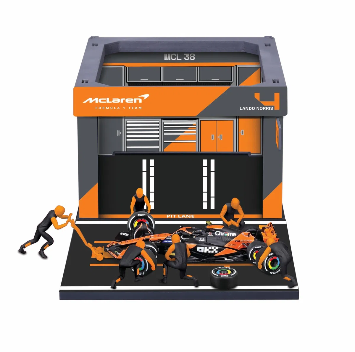 BBURAGO PIT STOP McLaren MCL38 (2024) #4 Norris, Playset con Diorama, Veicolo in Scala 1:43 e 6 Meccanici, Replica Dettagliata con Licenza Ufficiale McLaren, Età Consigliata 3+ Anni