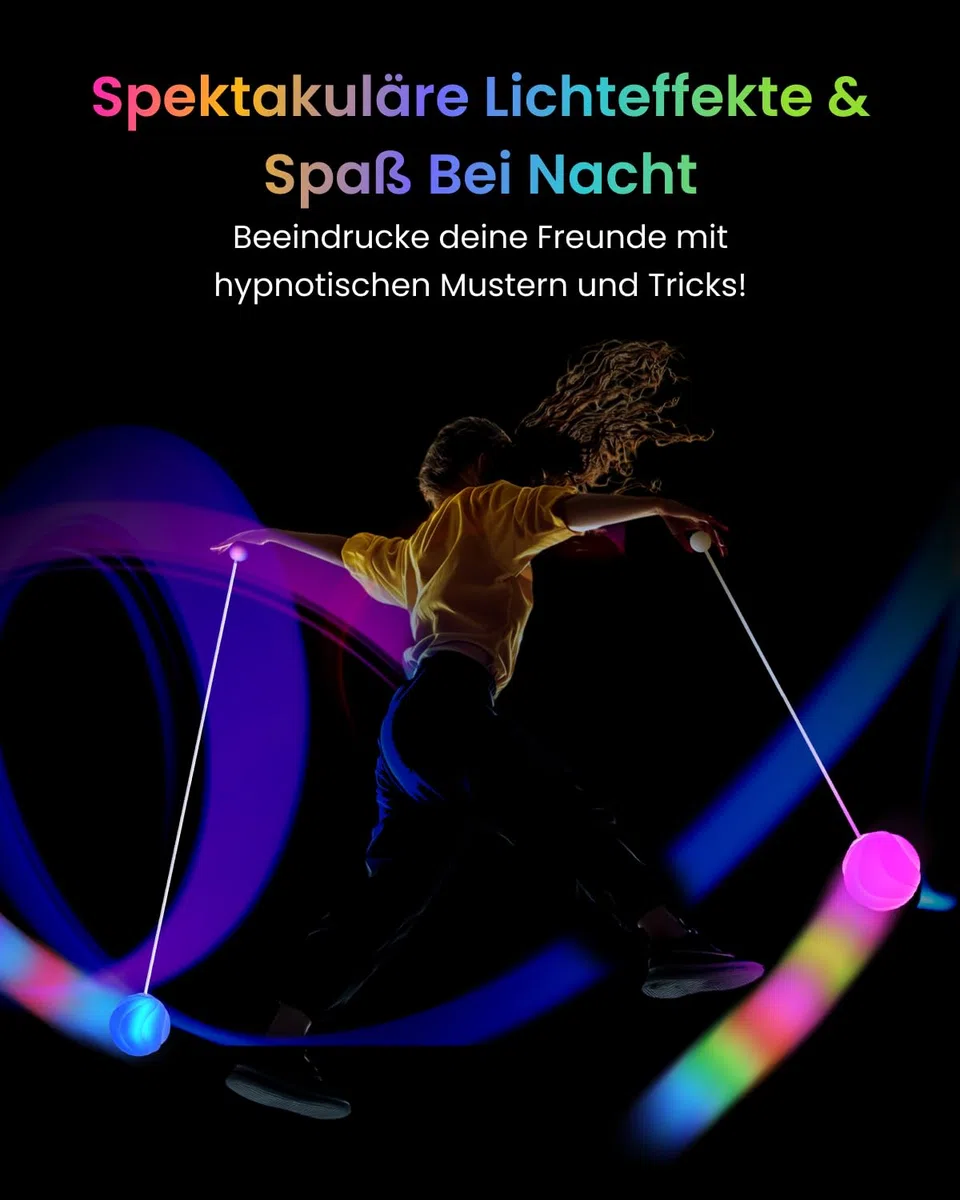LED-Poi-Bälle – 9 Modalità di Illuminazione con Luce Arcobaleno & Respirante, Palle da Giocoleria Luminose per Bambini & Principianti – Giocattolo Luminoso USB Ricaricabile per Giochi