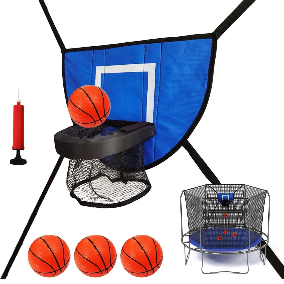 Canestro da basket per trampolino, 40 cm, regolabile, con 4 palline e pompa inclusa, telaio per trampolino, set da basket in PVC, per divertimento parco giochi per bambini, intrattenimento fitness in