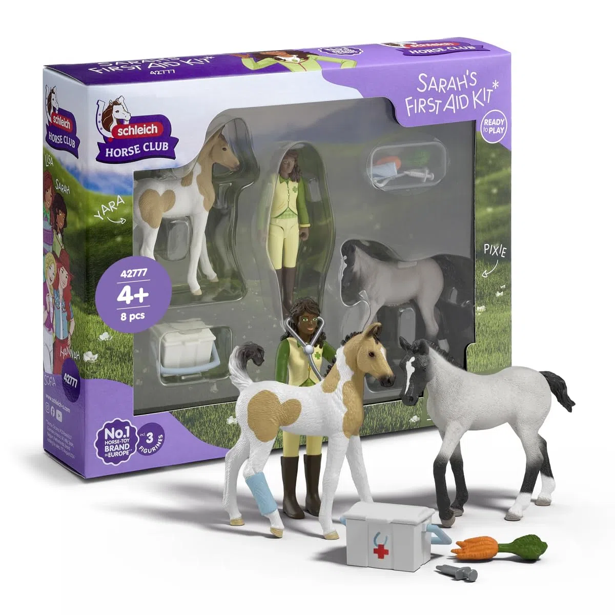 SCHLEICH HORSE CLUB | Kit di primo soccorso di Sarah 42777 | Con 2 puledri, figura di Sarah e accessori | giocattolo educativo per bambini dai 5 anni | set di 8 pezzi