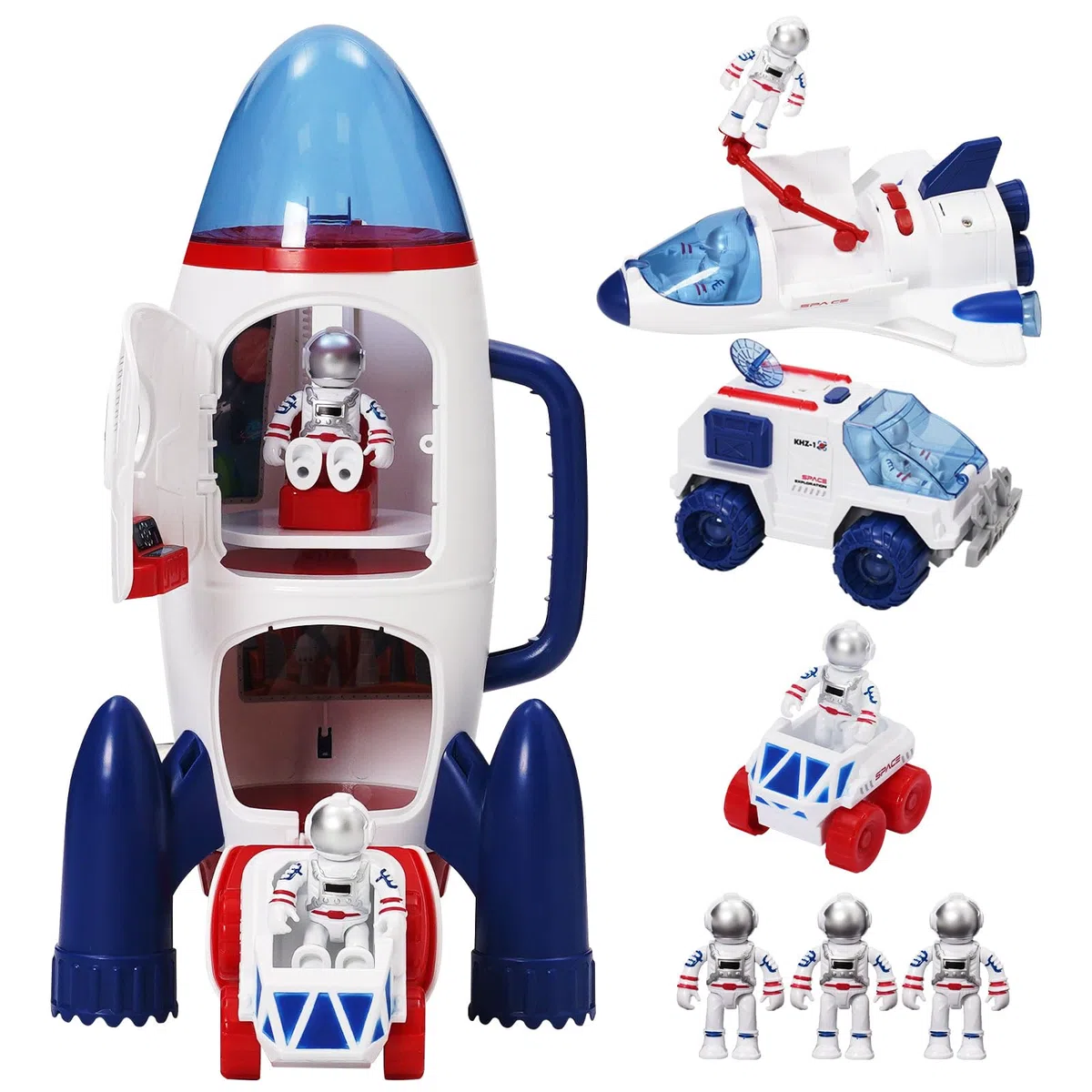 Set da gioco astronautica con luce e suono per ragazzi e ragazze, con 3 personaggi astronauti, 1 razzo spaziale, 2 rovers spaziali, 1 navetta, Astro Venture