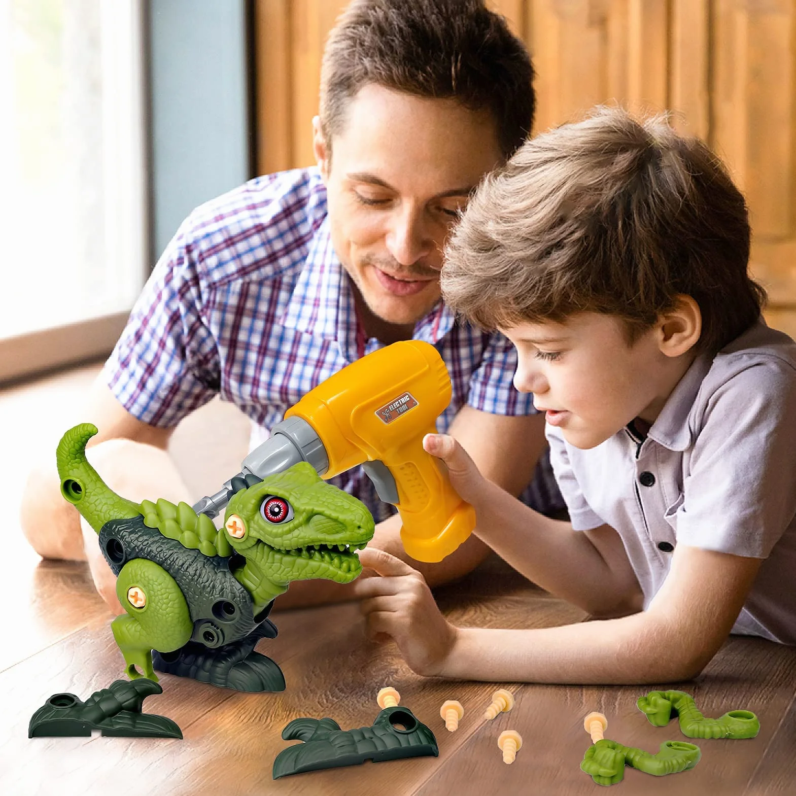 Vanplay Dinosauri Giocattolo con Trapano Giocattolo, Smontaggio Costruzioni includono Tyrannosaurus Rex, Velociraptor e Triceratops per Bambini 3 anni