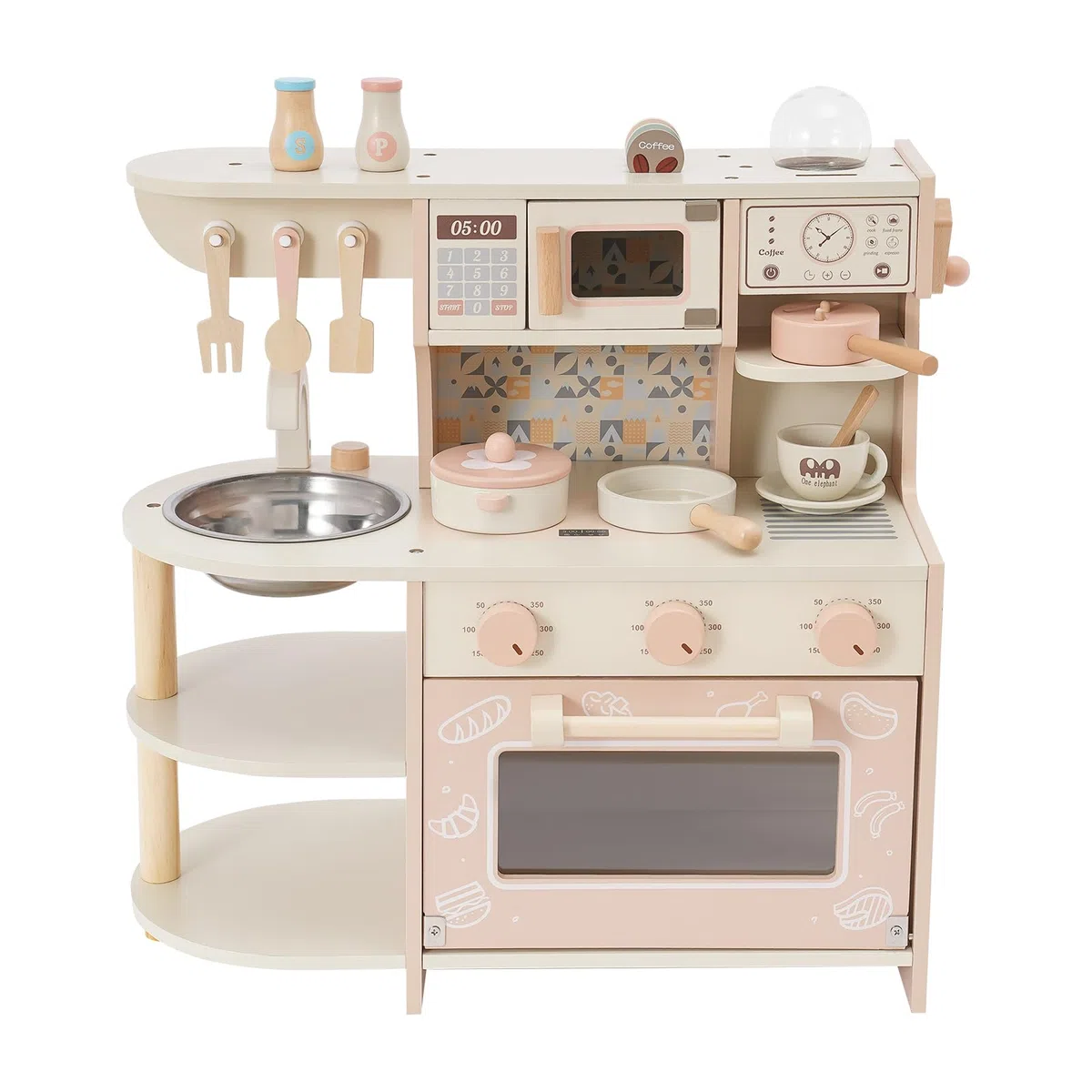 Cucina giocattolo in legno per bambini, con fornello e macchina da caffè, giocattolo in legno non tossico, set compatto da cucina per bambini giochi di ruolo a casa