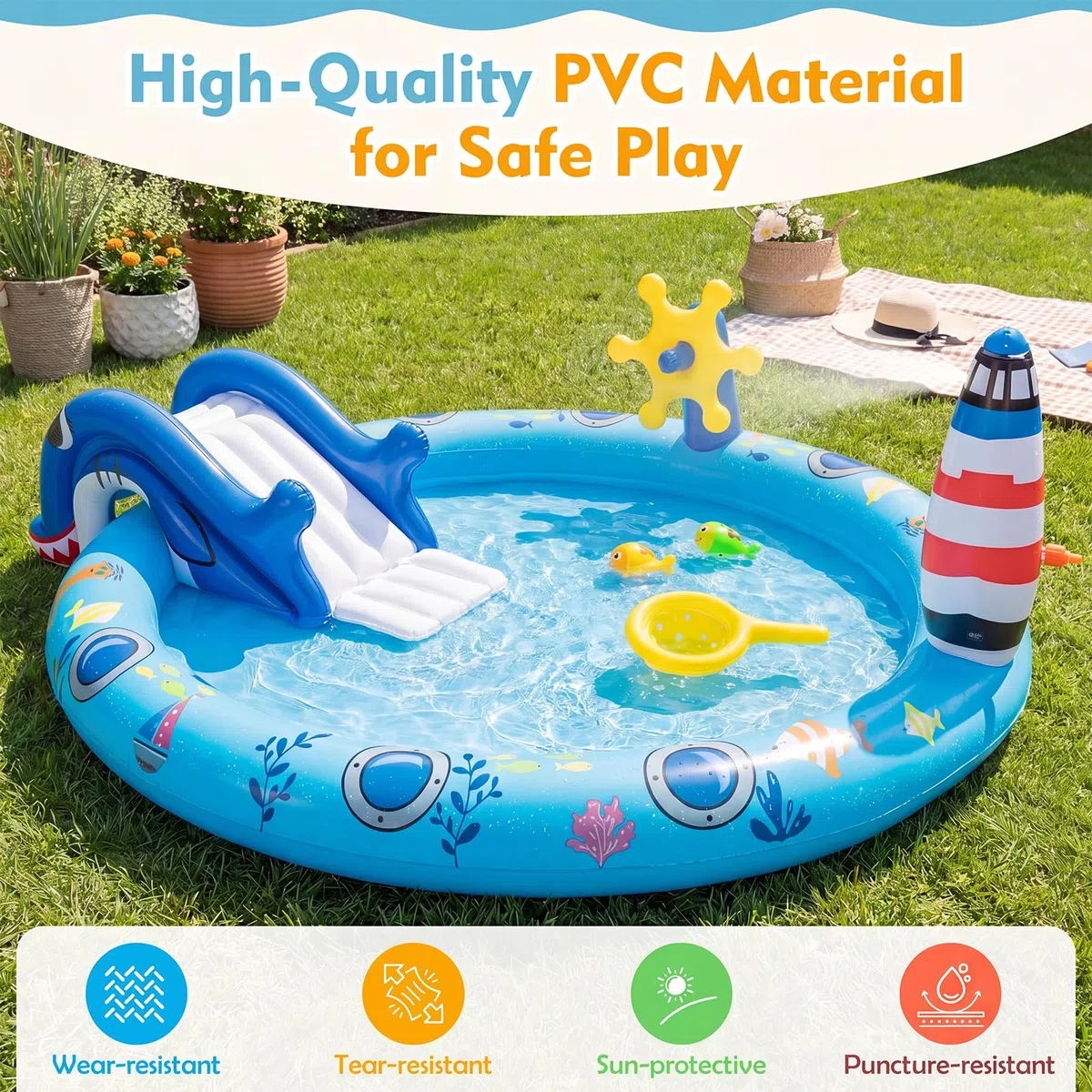 HOMASIS Piscina Gonfiabile per Bambini 2-6 Anni, Piscinetta con Scivolo Sicuro, Spruzzo a Faro e Giocattoli, Parco di Giochi in Vinile, Gonfiaggio Facile, per Cortile e Giardino, 188 x 153 x 63 cm