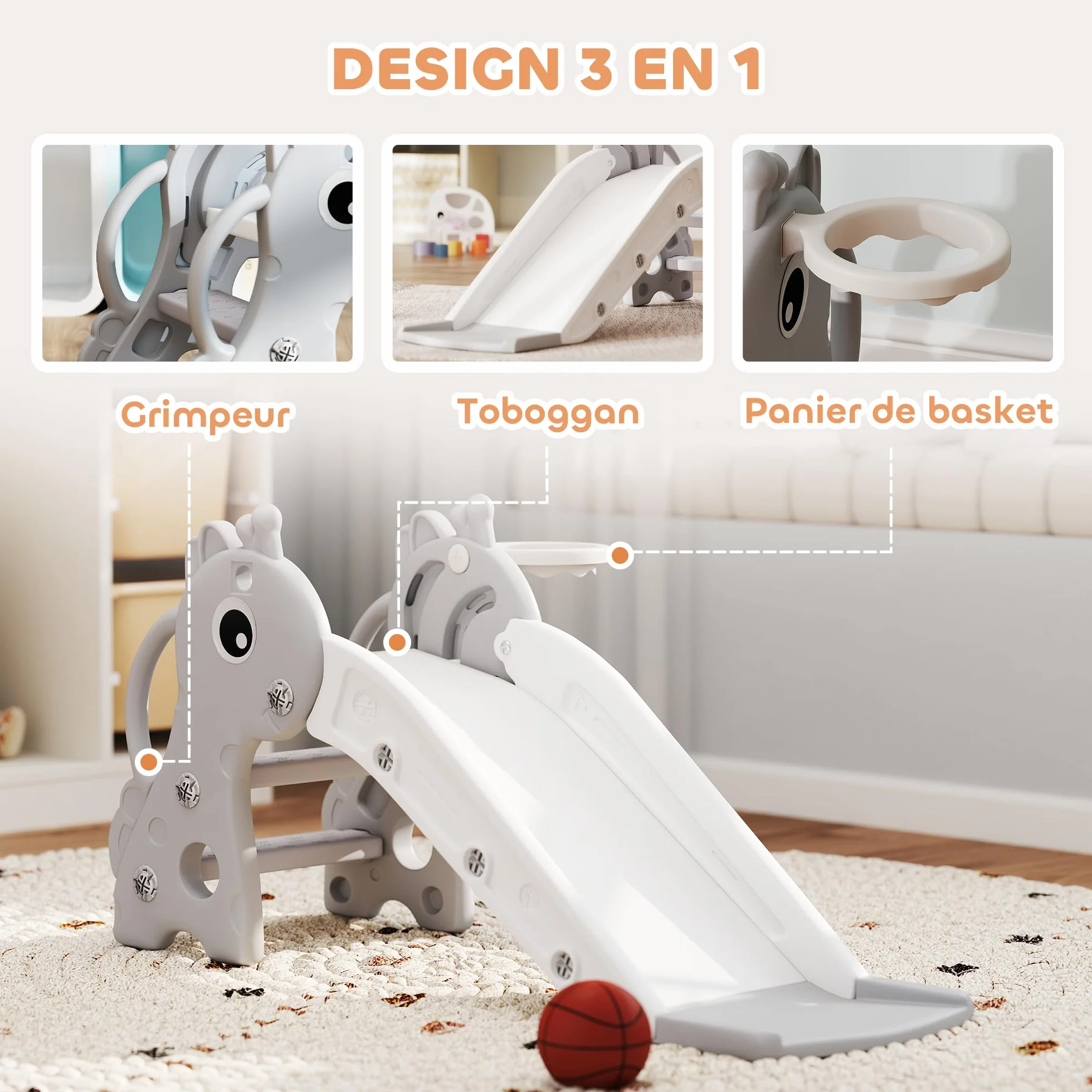 AIYAPLAY Scivolo per bambini 3 in 1 a forma di giraffa con canestro da basket, arrampicata e pallone, scivolo interno per bambini da 1 a 3 anni, 106 x 51,5 x 52 cm, grigio