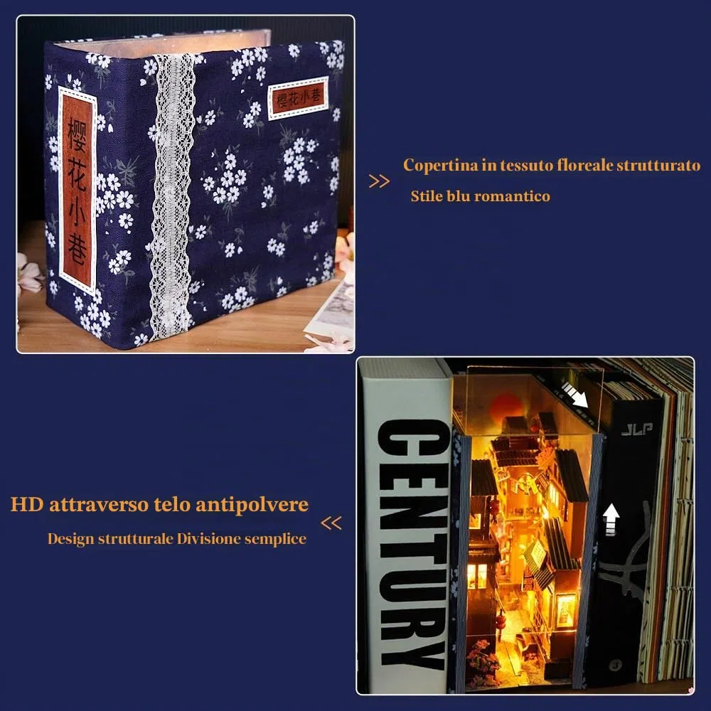 Kit per libri fai da te, puzzle 3D in legno, casa con luci a LED e mobili, casa delle bambole in miniatura, kit per modellini da costruire (vicolo di ciliegio)