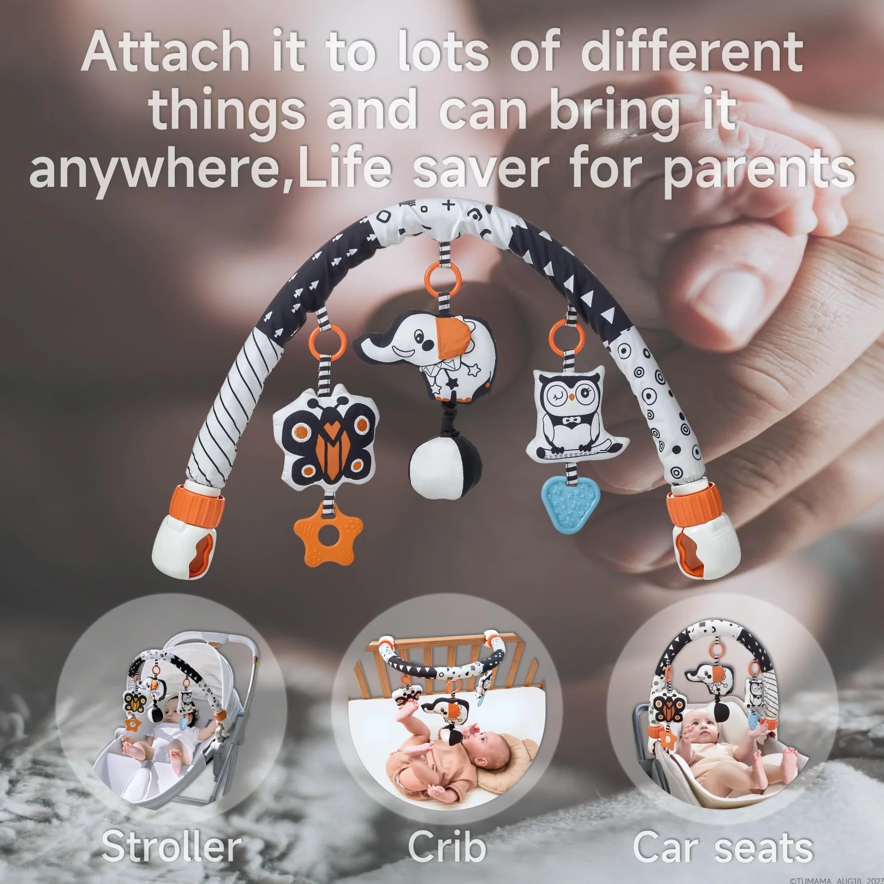 TUMAMA Arco Giochi per Passeggino, Giochi Neonati 0 3 6 8 9 12 Mesi Arco Gioco con Clip Culla, Ovetto, Neonato Giocattolo con Pupazzi Sensoriali Appendibili