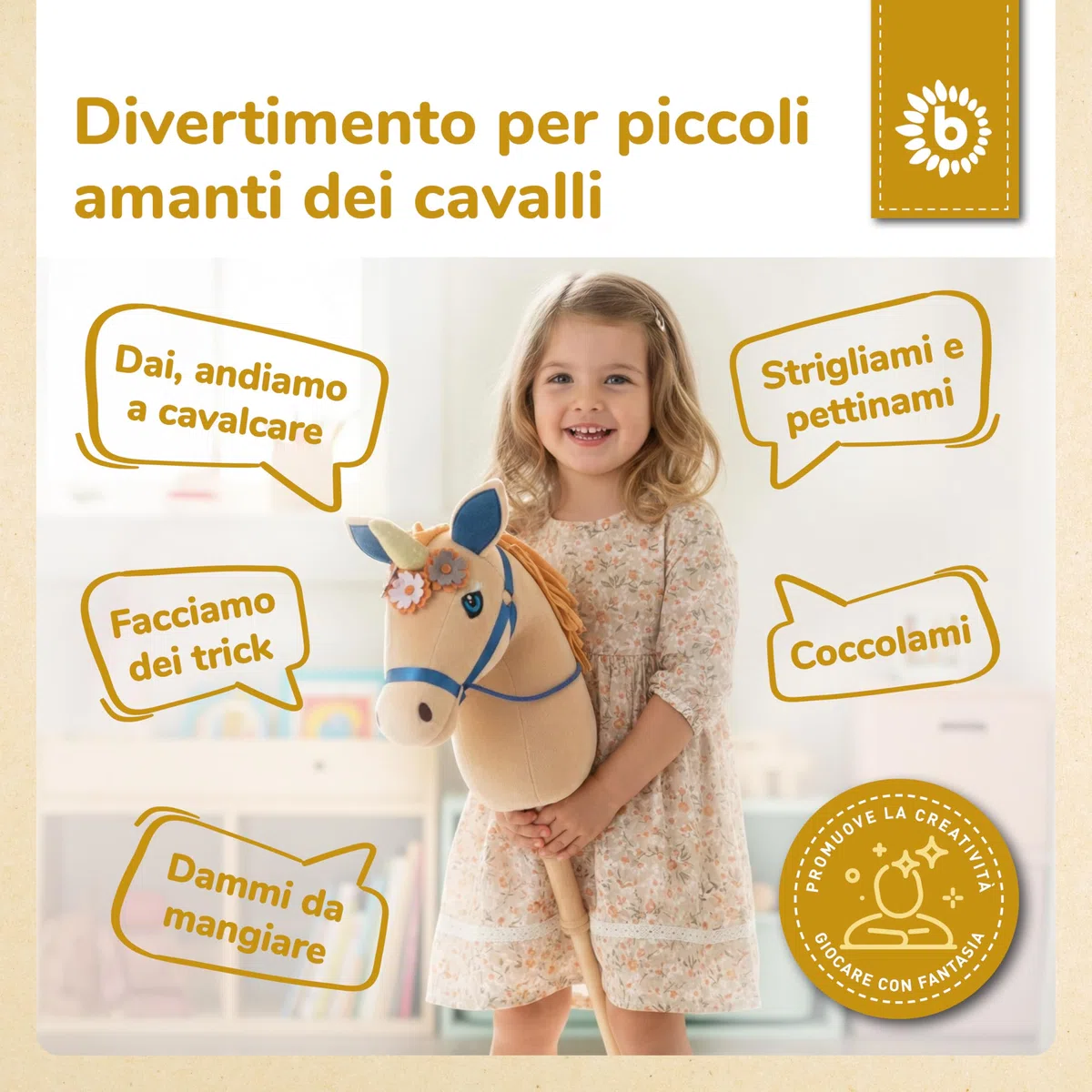 Bieco Cavallo a Spina Unicorno Magic | Cavallo Cavalcabile per Bambini | Hobby Horse Realistico Testa di Cavallo con Bastone Giochi Bambini 1 Anno Femmina Regalo 1 Anno Cavallino interattivo Bambina