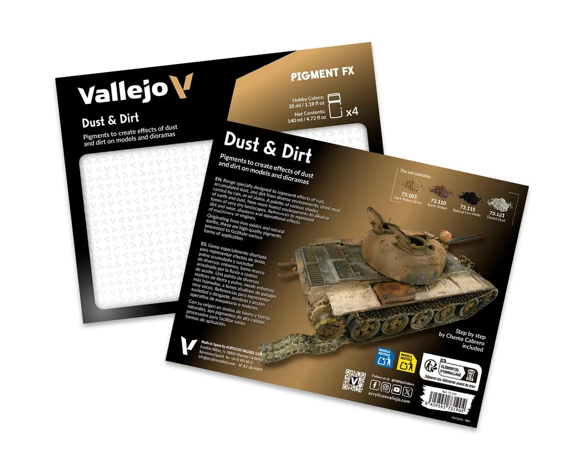 Vallejo Pigment FX Set, Kit di 4 Pigmenti Sintetici da 35 Ml, Ideale per Simulare Polvere e Sucietà in Maquettes e Diorami, Include Tutorial