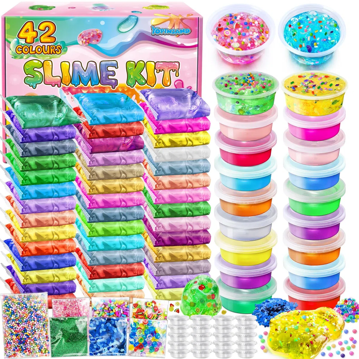 50 Colori DIY Slime Kit Slime Making per Ragazze, Crystal Clear Slime, Glow in The Dark Slime con Sfere di Schiuma Aggiuntive, Charms, Glitter, Giocattolo Regalo per Bambini