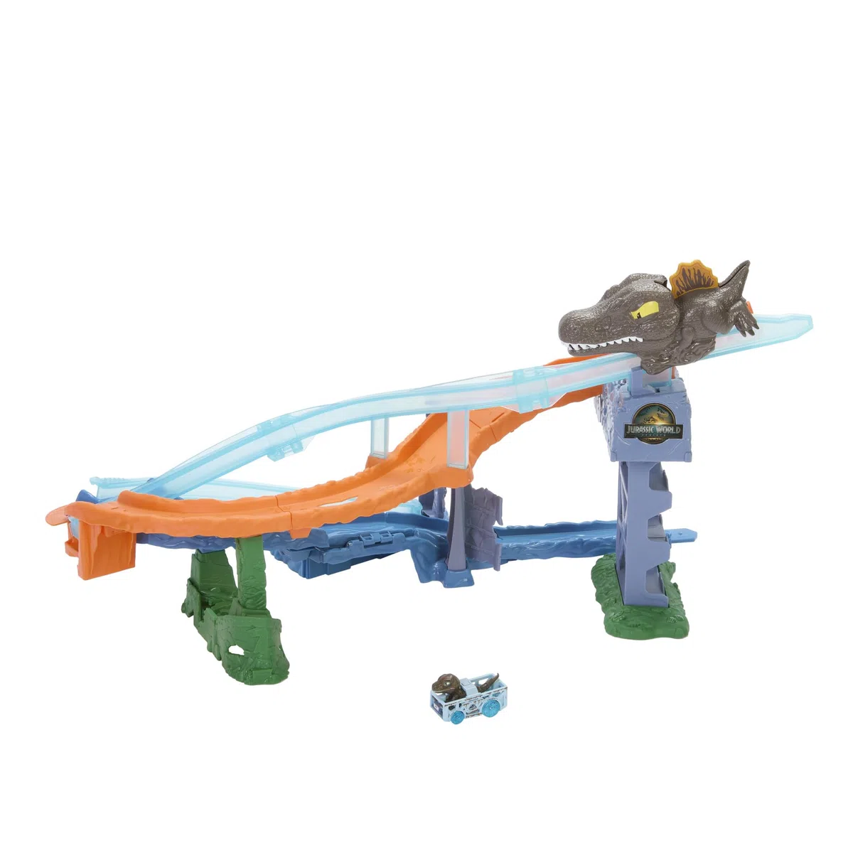 Hot Wheels RacerVerse Jurassic World Pista Scontri e Tuffi, playset con veicolo velociraptor die-cast, gara di dinosauri con spinosauro, JFP32