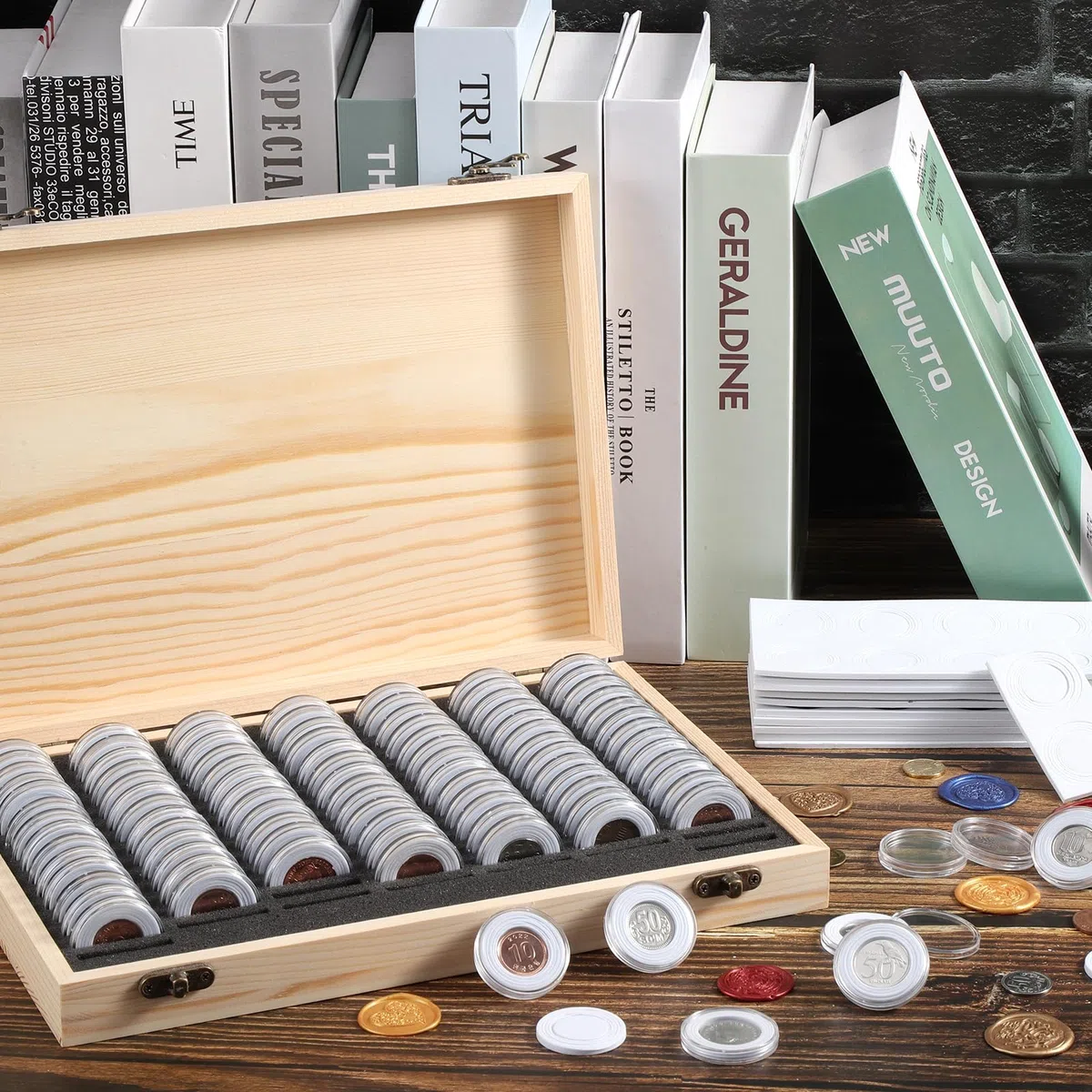 Capsule per Monete, Scatola per Raccolta di Monete in Legno, Portamonete da Collezione, Portamonete in Legno per Collezionisti 18mm, 21mm, 25mm, 27mm, 30mm (100 Capsule per Monete)