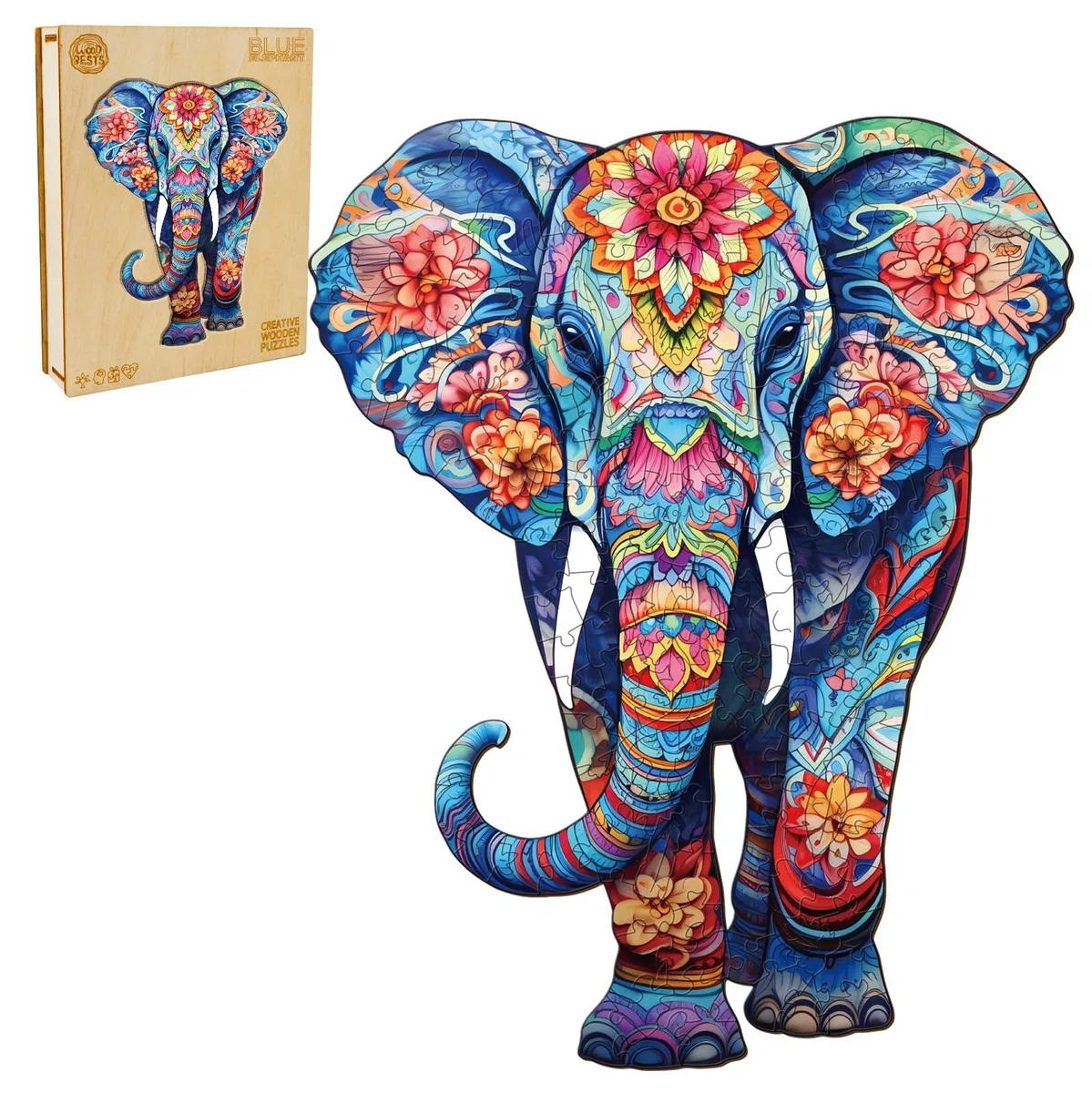 Puzzle in Legno per Adulti - 210 Pezzi, Elefante, 27,3 x 34 cm - Irregolare e Unico, a Forma di Animale - Con Confezione Regalo