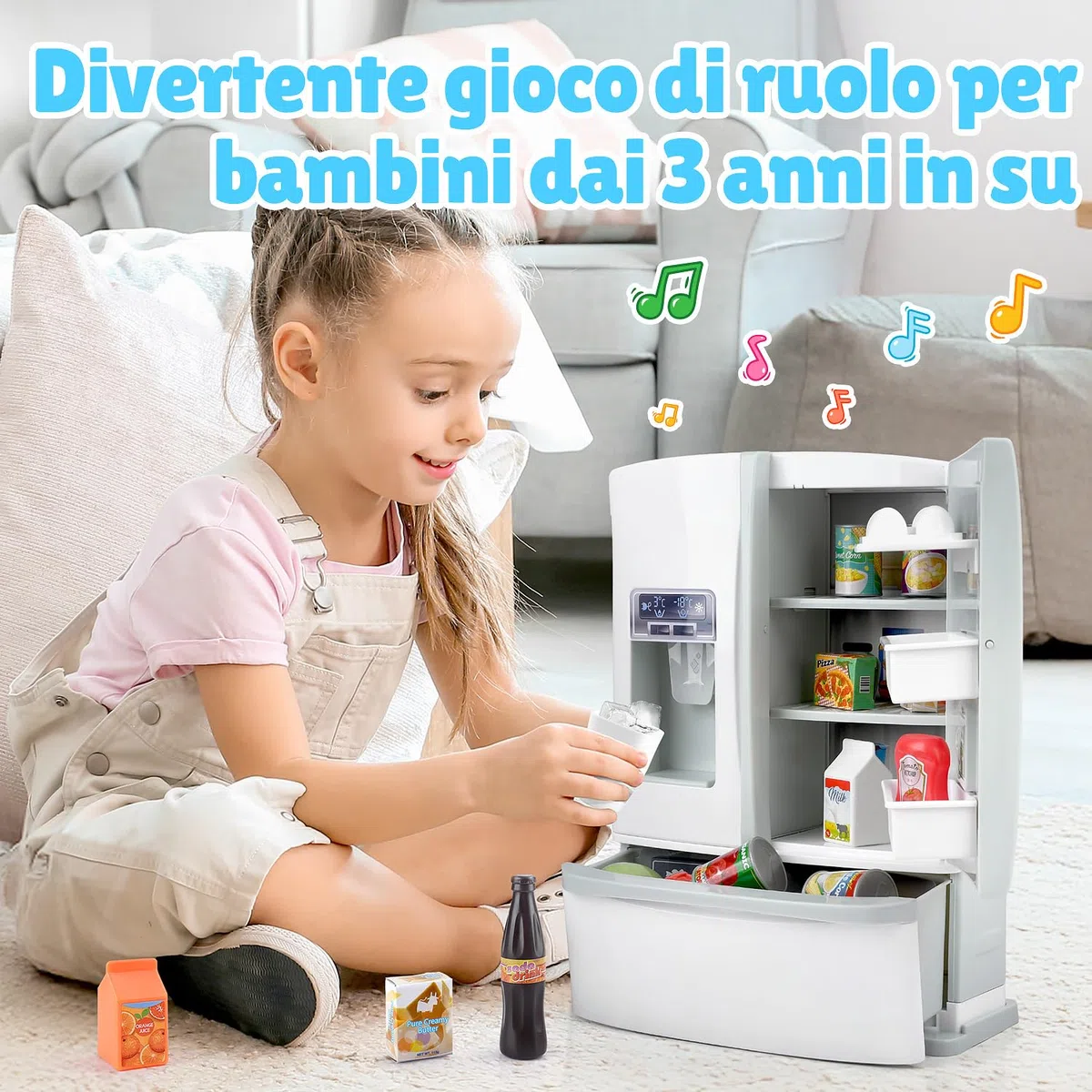 PLAY Frigorifero Giocattolo, Accessori Cucina con Frigo Giocattolo, Giocattoli Alimentari, Cubetti di Ghiaccio, Effetti Sonori Realistici, Set di Cucina Giocattolo per Bambini da 3+ Anni - Bianco