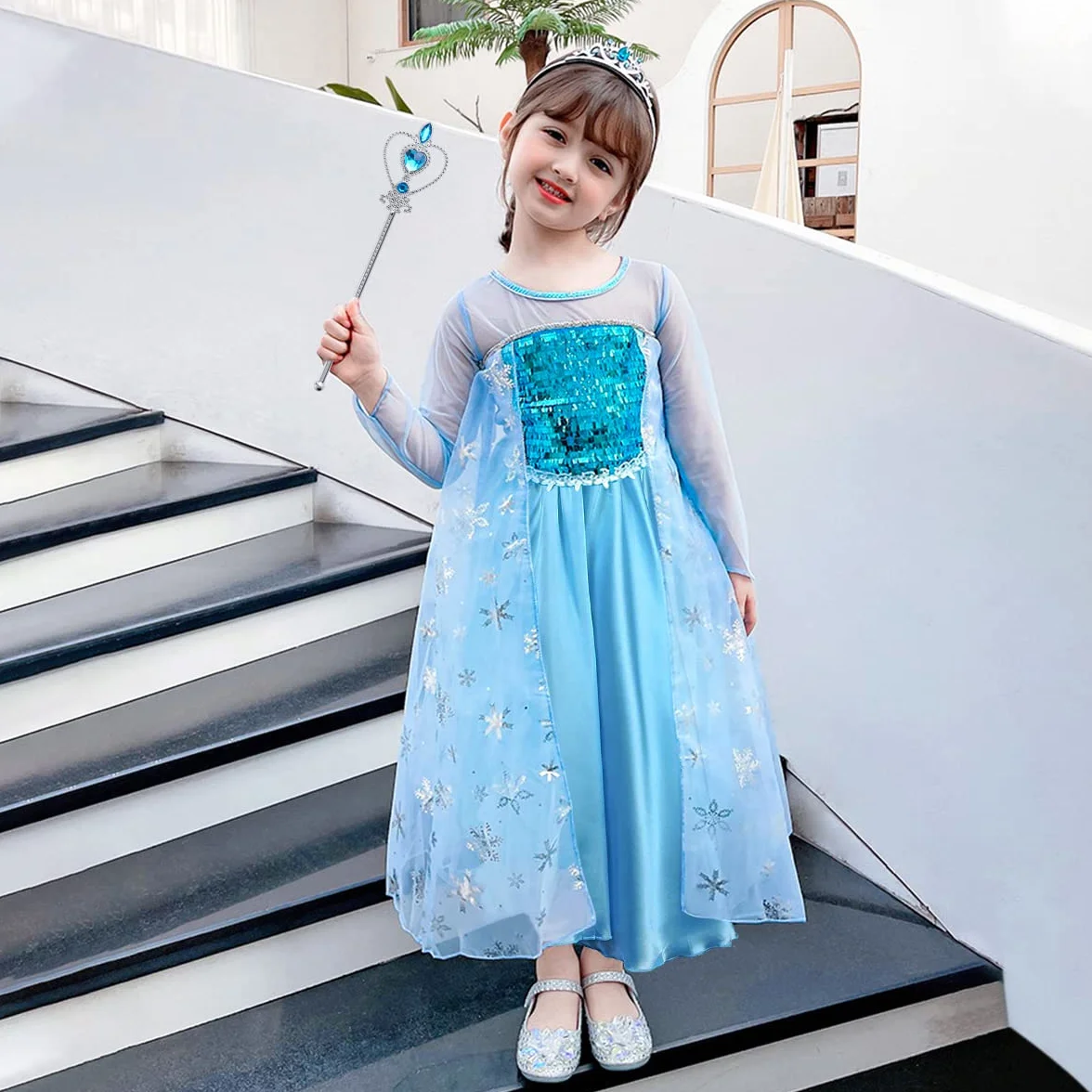URAQT Vestito Set, Costume Vestito Bambina Principessa, Set da Principessa Corona Bacchetta Guanti Treccia, Cosplay Party Halloween Abito delle Ragazze di Natale Vestito Fantasia(100-150)